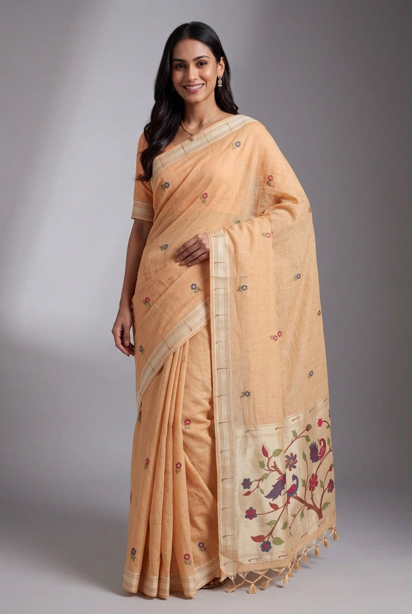 Butter Yellow Jamdhani Cotton Paithani Saree with Adbhuta Mayūra Pallu