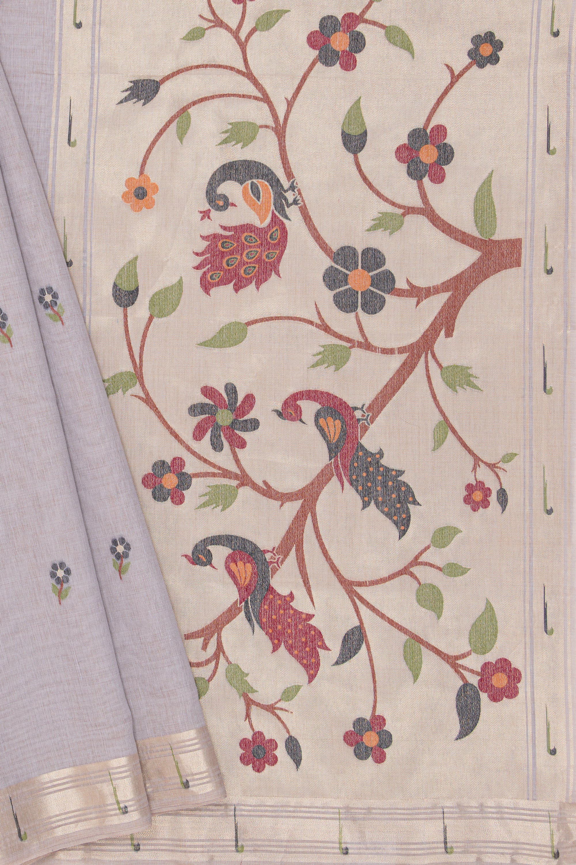 Earthy Grey Jamdhani Cotton Paithani Saree with Adbhuta Mayūra Pallu
