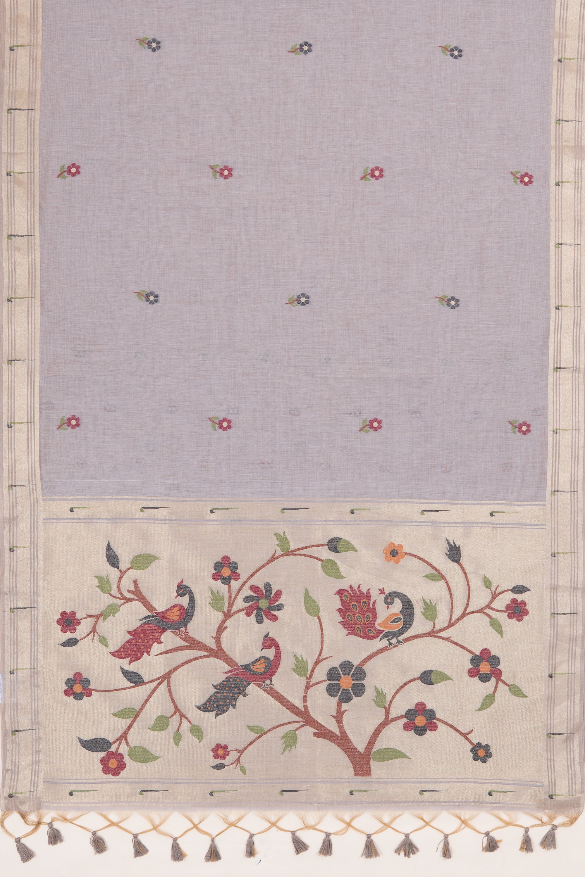 Earthy Grey Jamdhani Cotton Paithani Saree with Adbhuta Mayūra Pallu