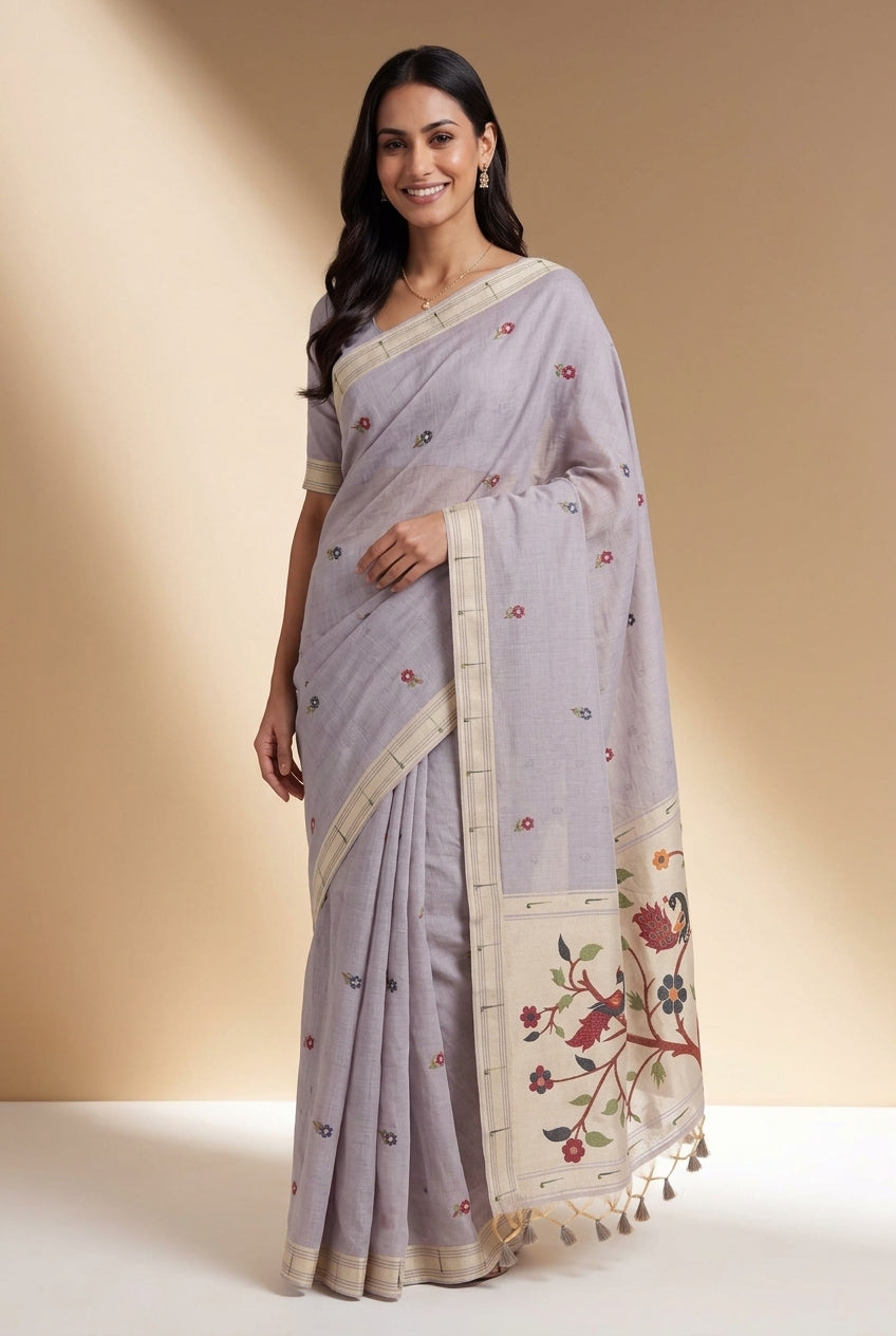 Earthy Grey Jamdhani Cotton Paithani Saree with Adbhuta Mayūra Pallu