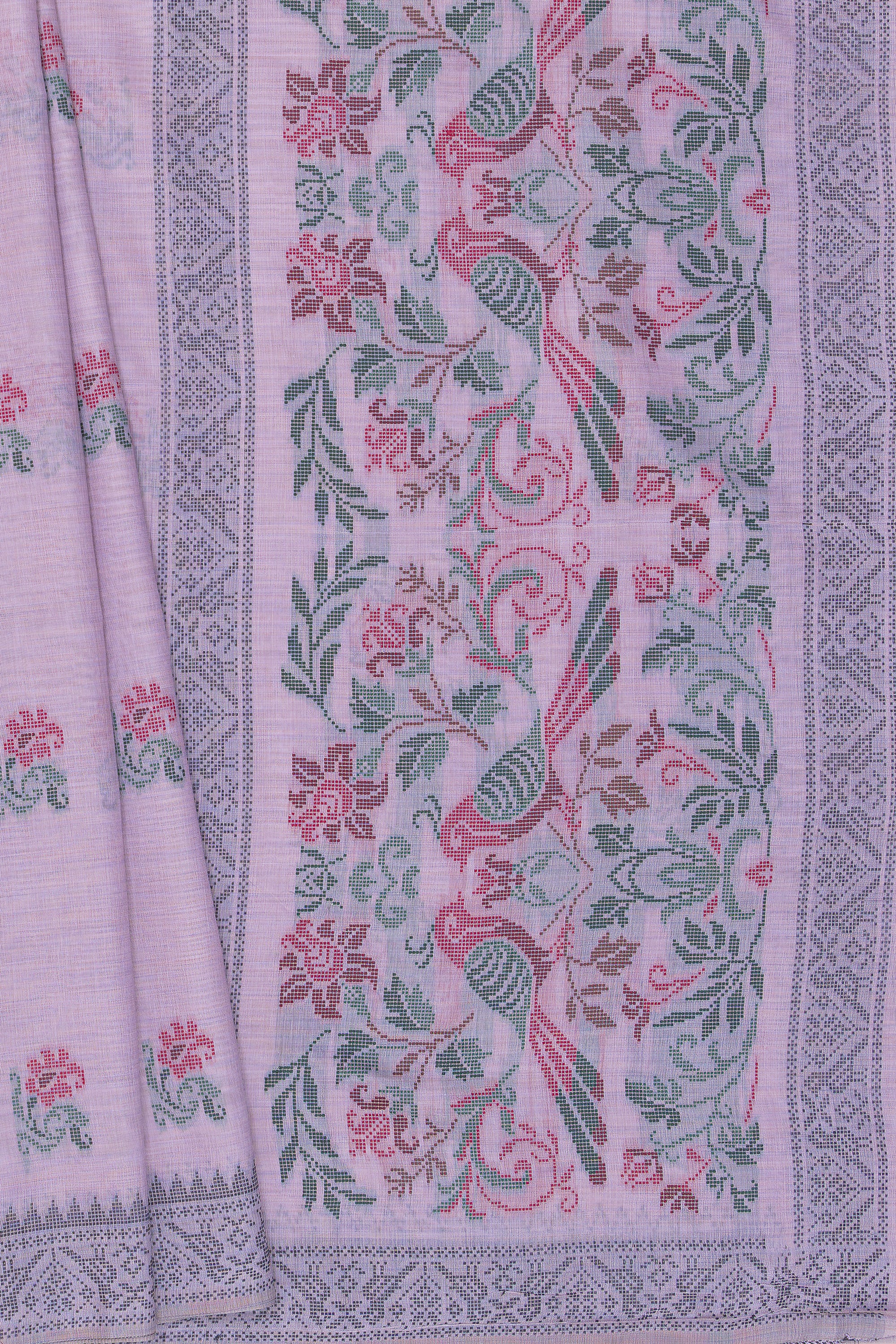 Lavender Cotton Saree with Geometric Mor butti and Geometric Parrot Pallu