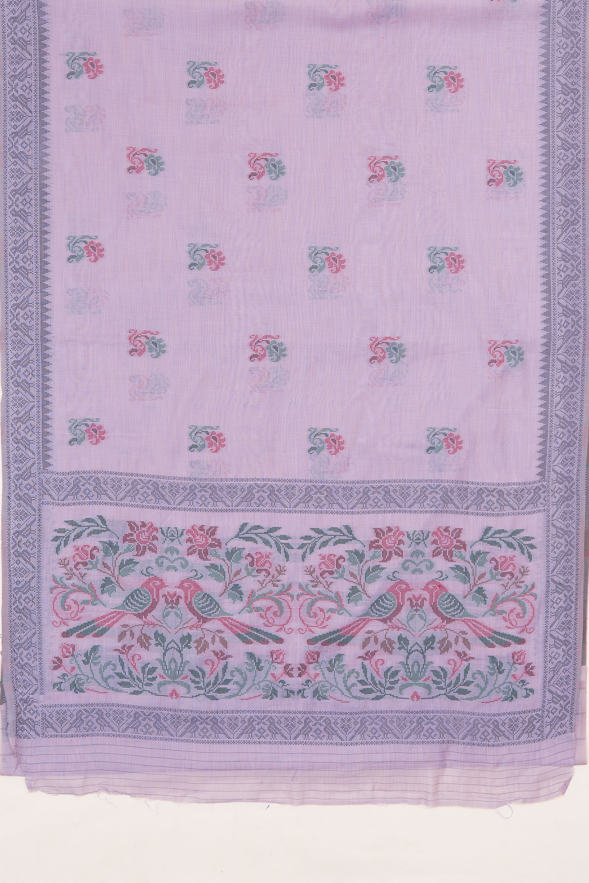 Lavender Cotton Saree with Geometric Mor butti and Geometric Parrot Pallu
