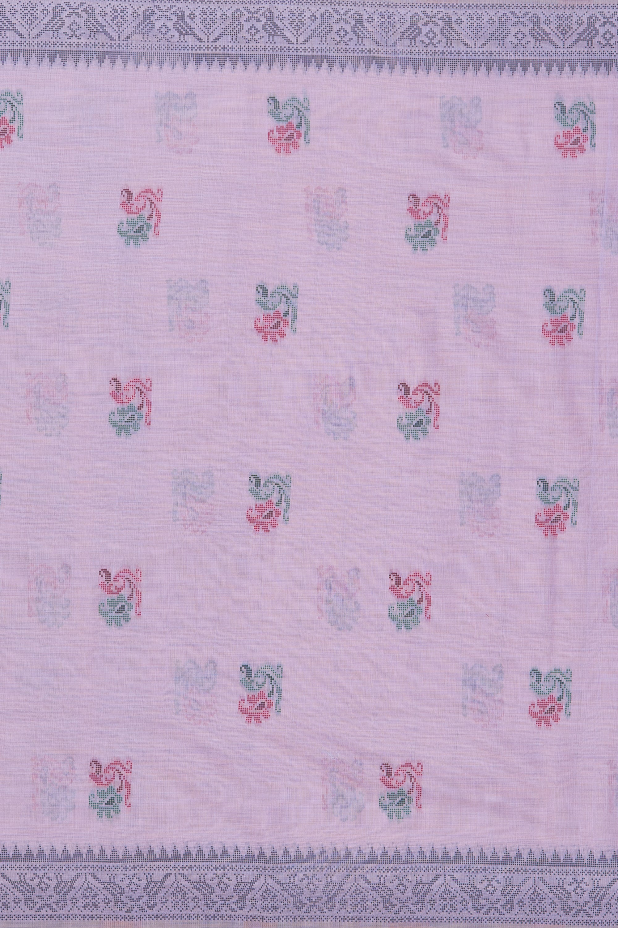 Lavender Cotton Saree with Geometric Mor butti and Geometric Parrot Pallu