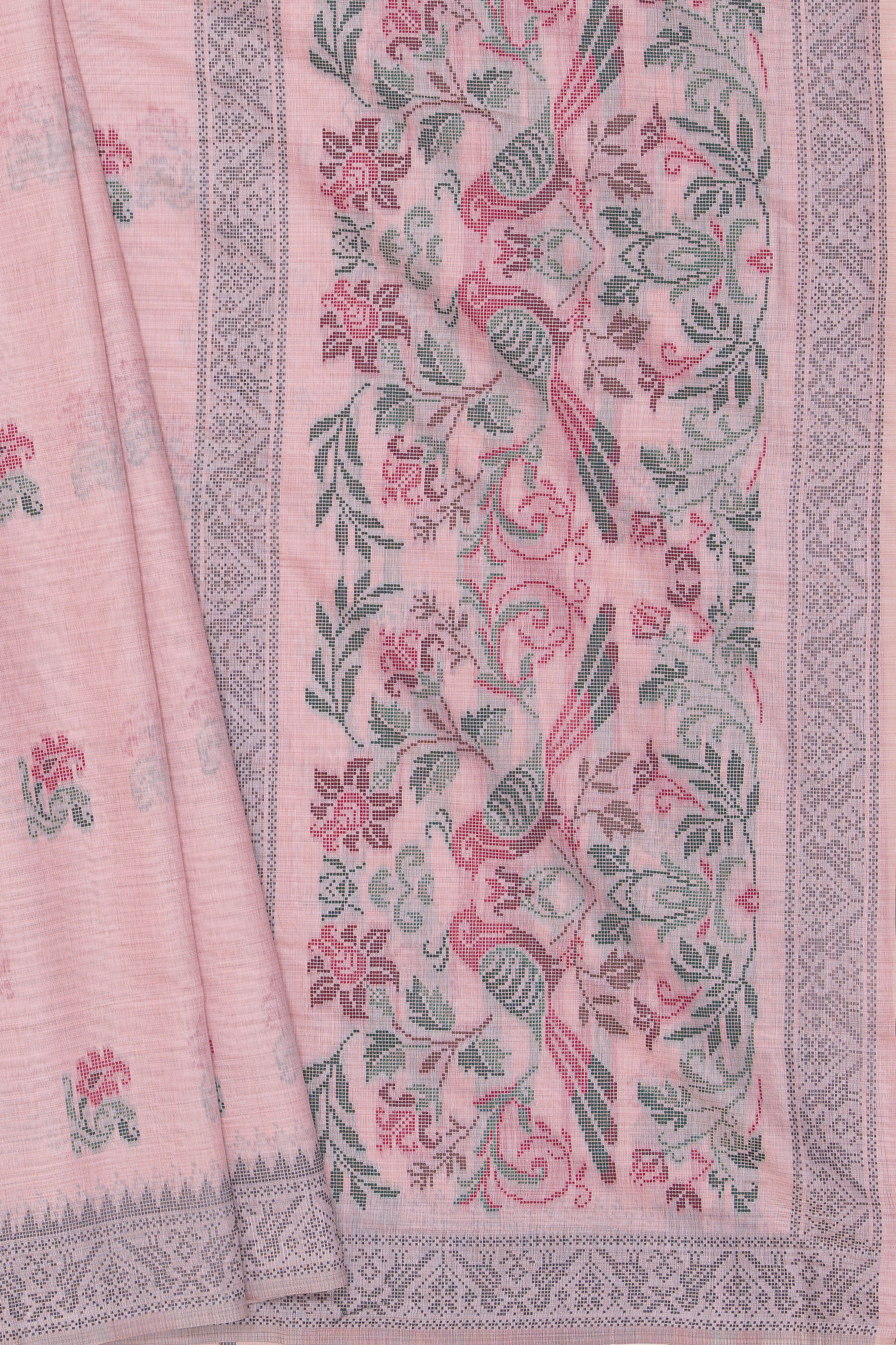 Pastel Rose Cotton Saree with Geometric Mor butti and Geometric Parrot Pallu
