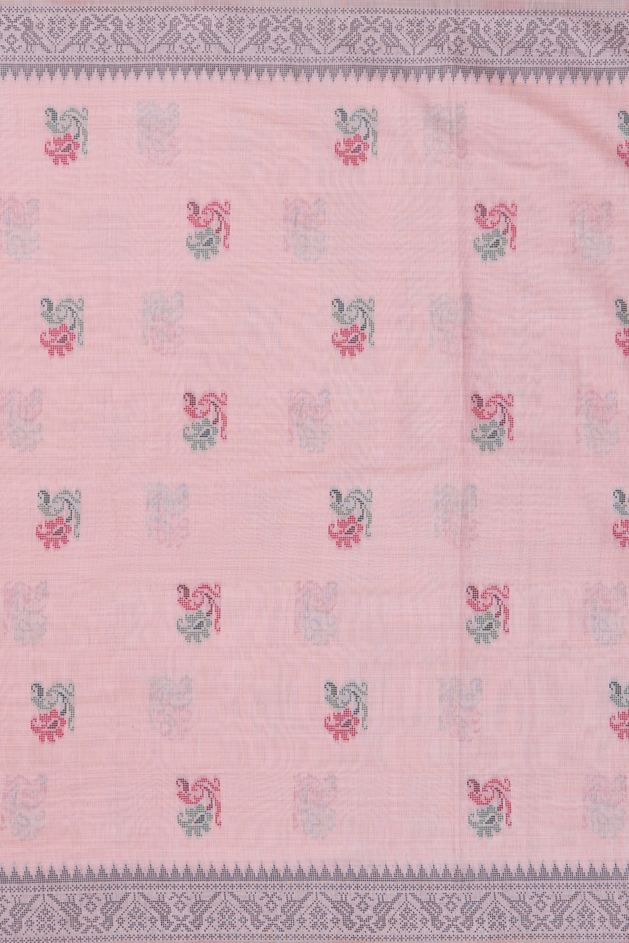 Pastel Rose Cotton Saree with Geometric Mor butti and Geometric Parrot Pallu