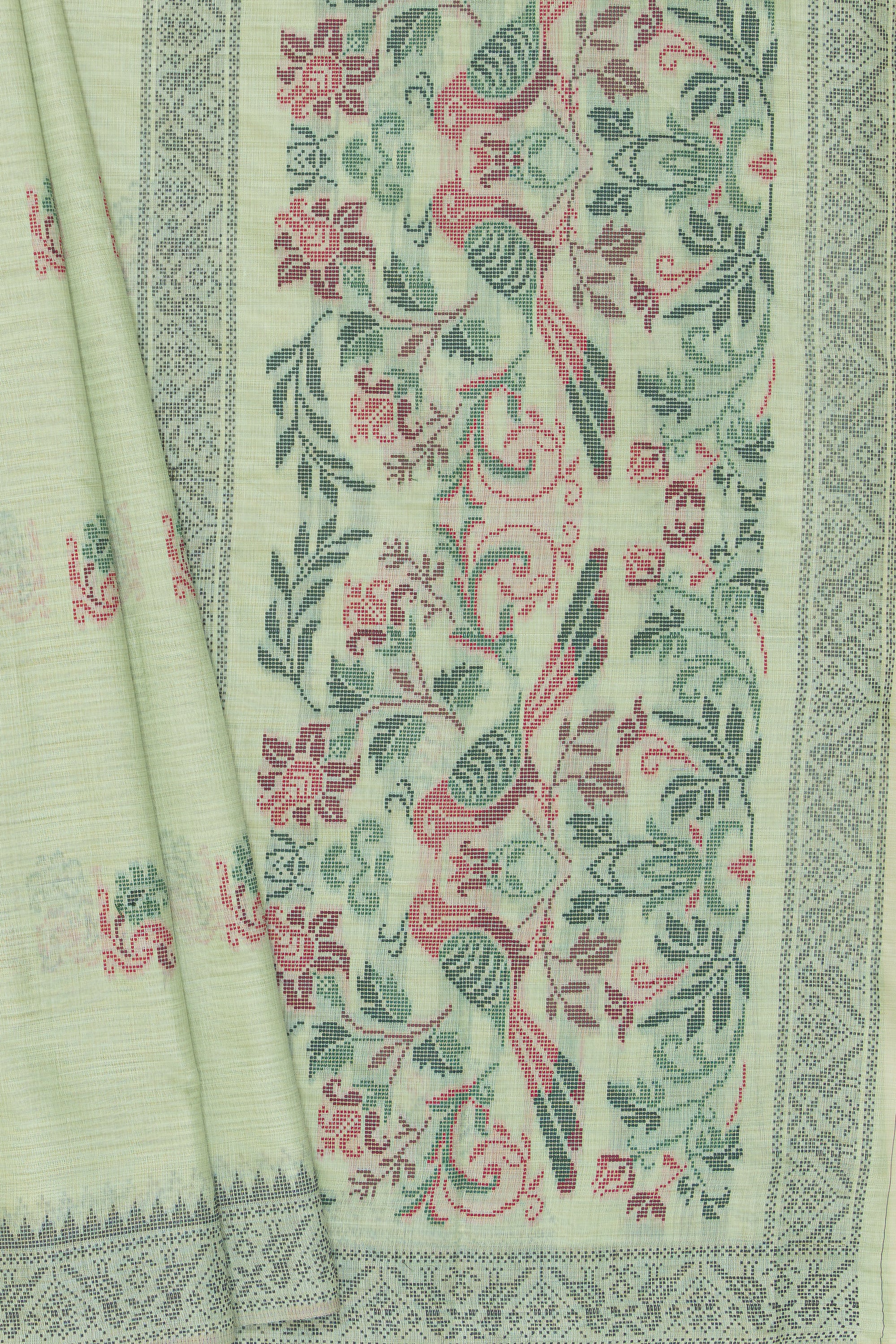 Pastel Green Cotton Saree with Geometric Mor butti and Geometric Parrot Pallu
