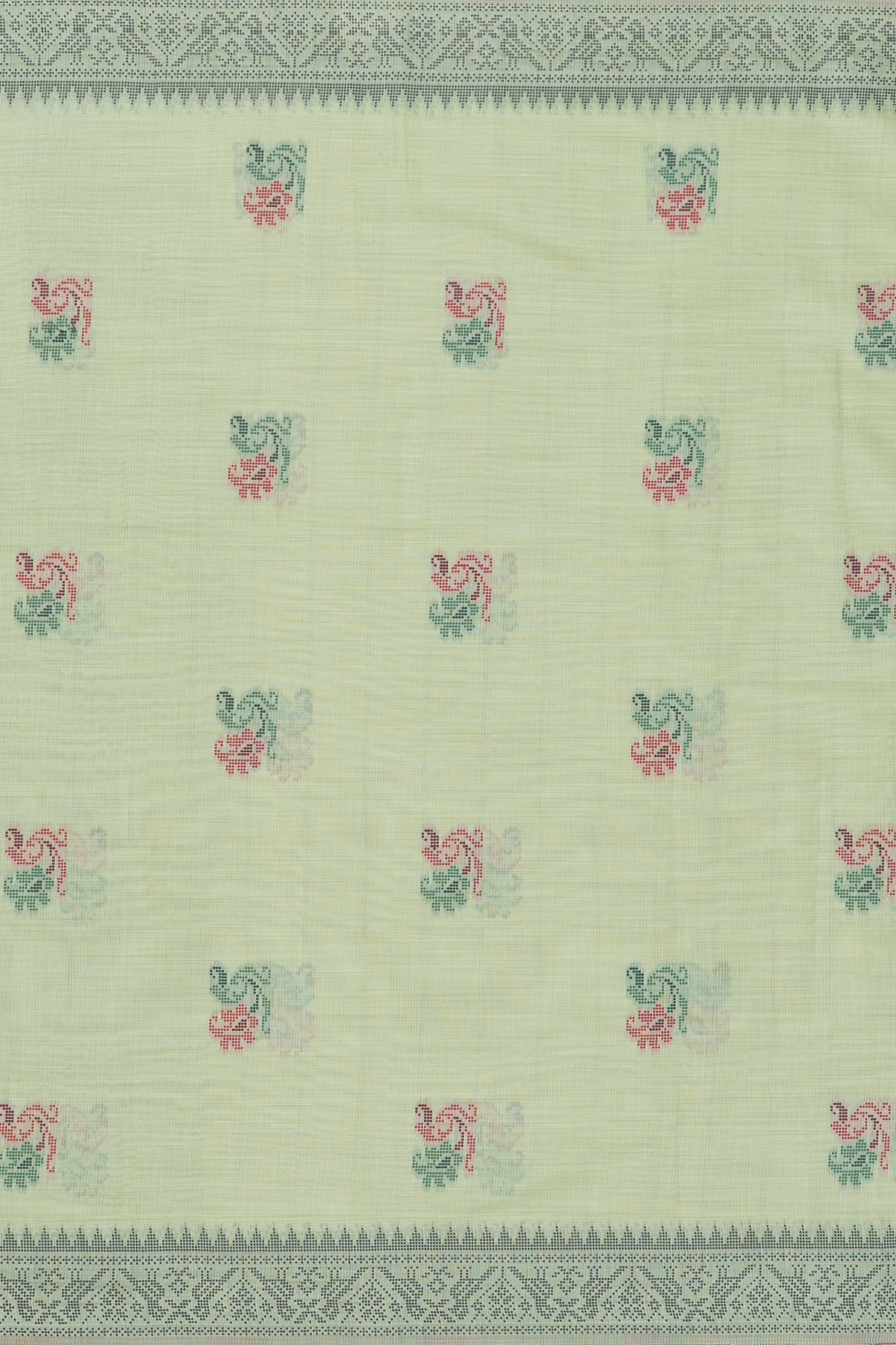 Pastel Green Cotton Saree with Geometric Mor butti and Geometric Parrot Pallu