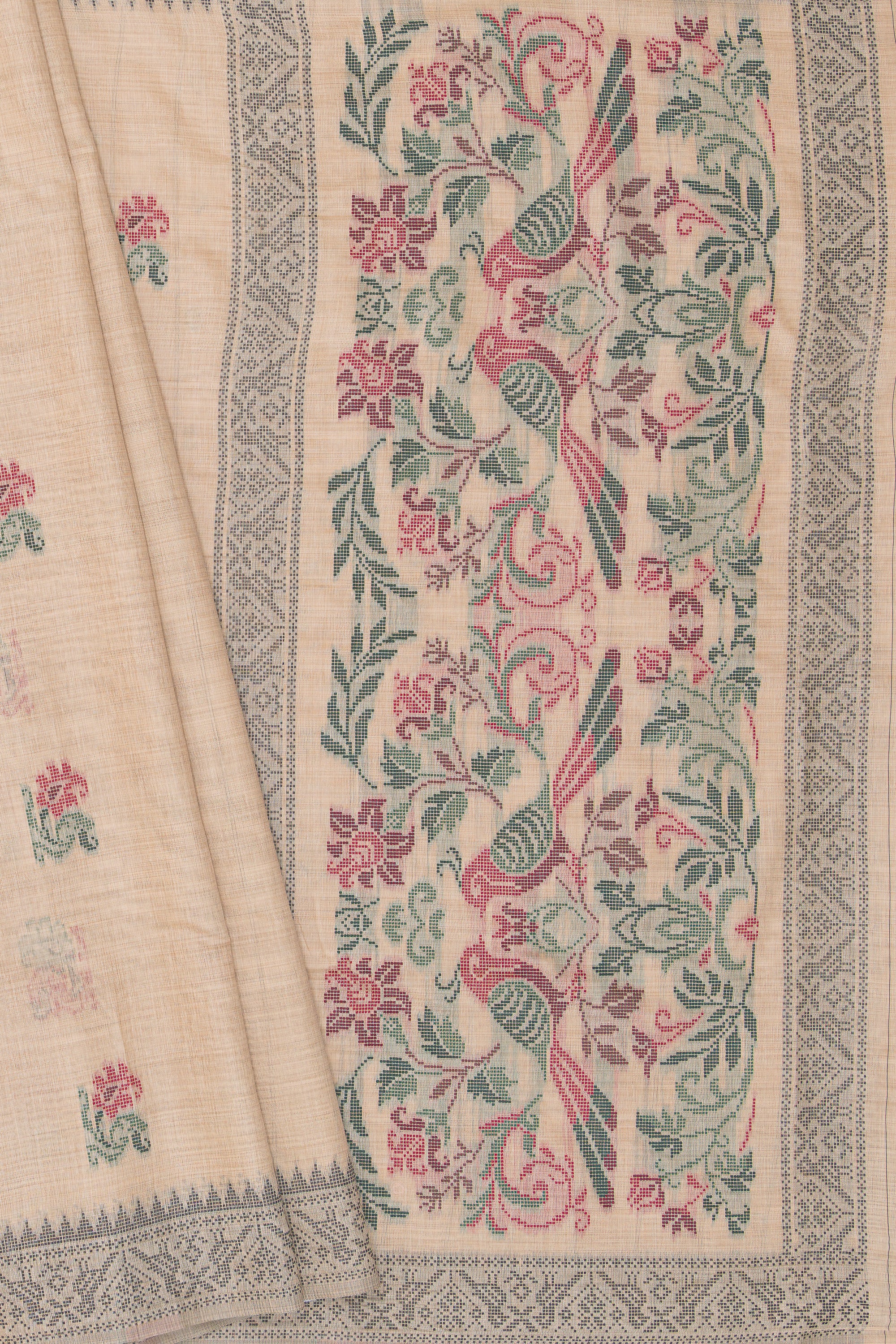 Earthy Brown Cotton Saree with Geometric Mor butti and Geometric Parrot Pallu