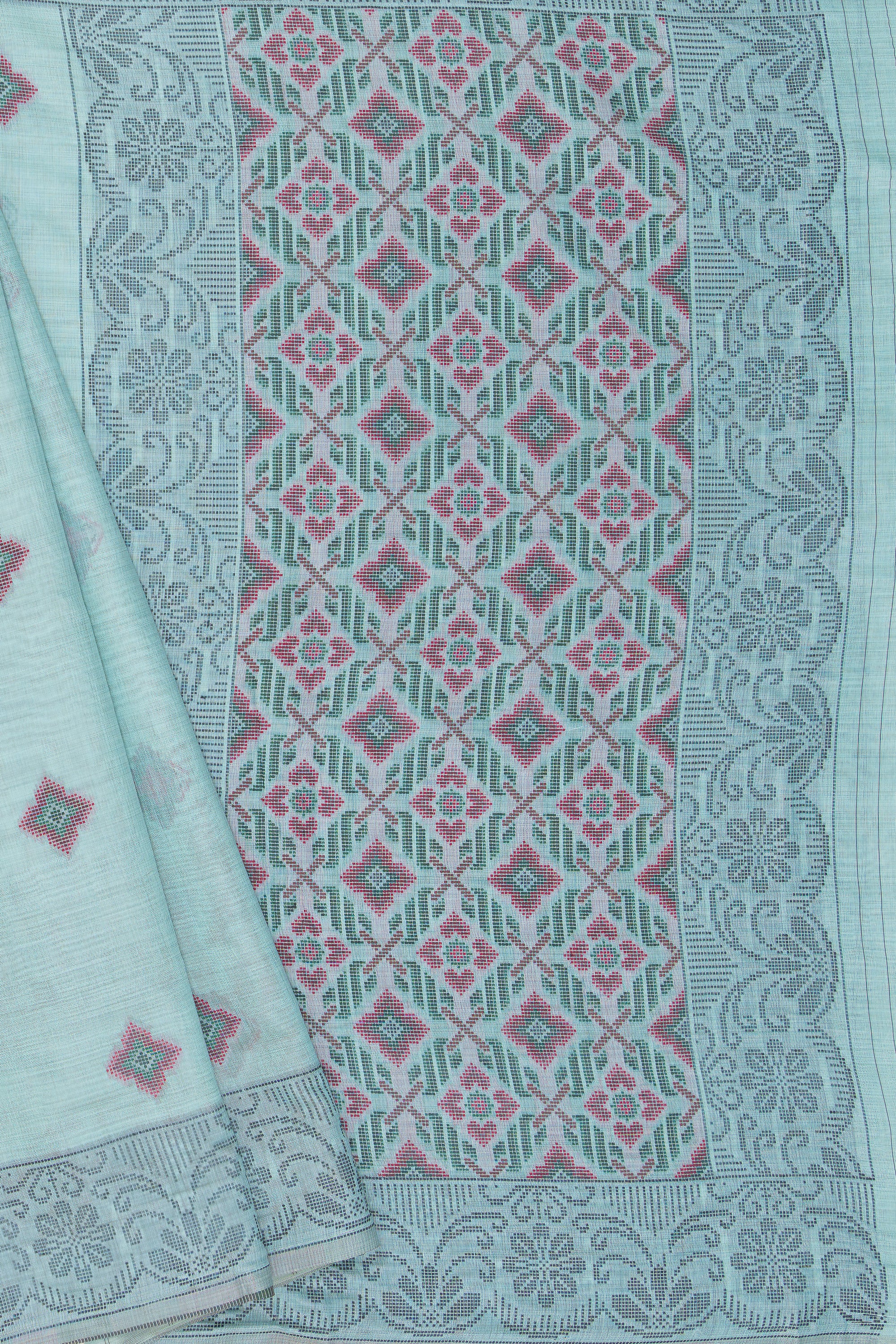 Pastel Blue Cotton Saree with Geometric Hīraka butti and Pallu