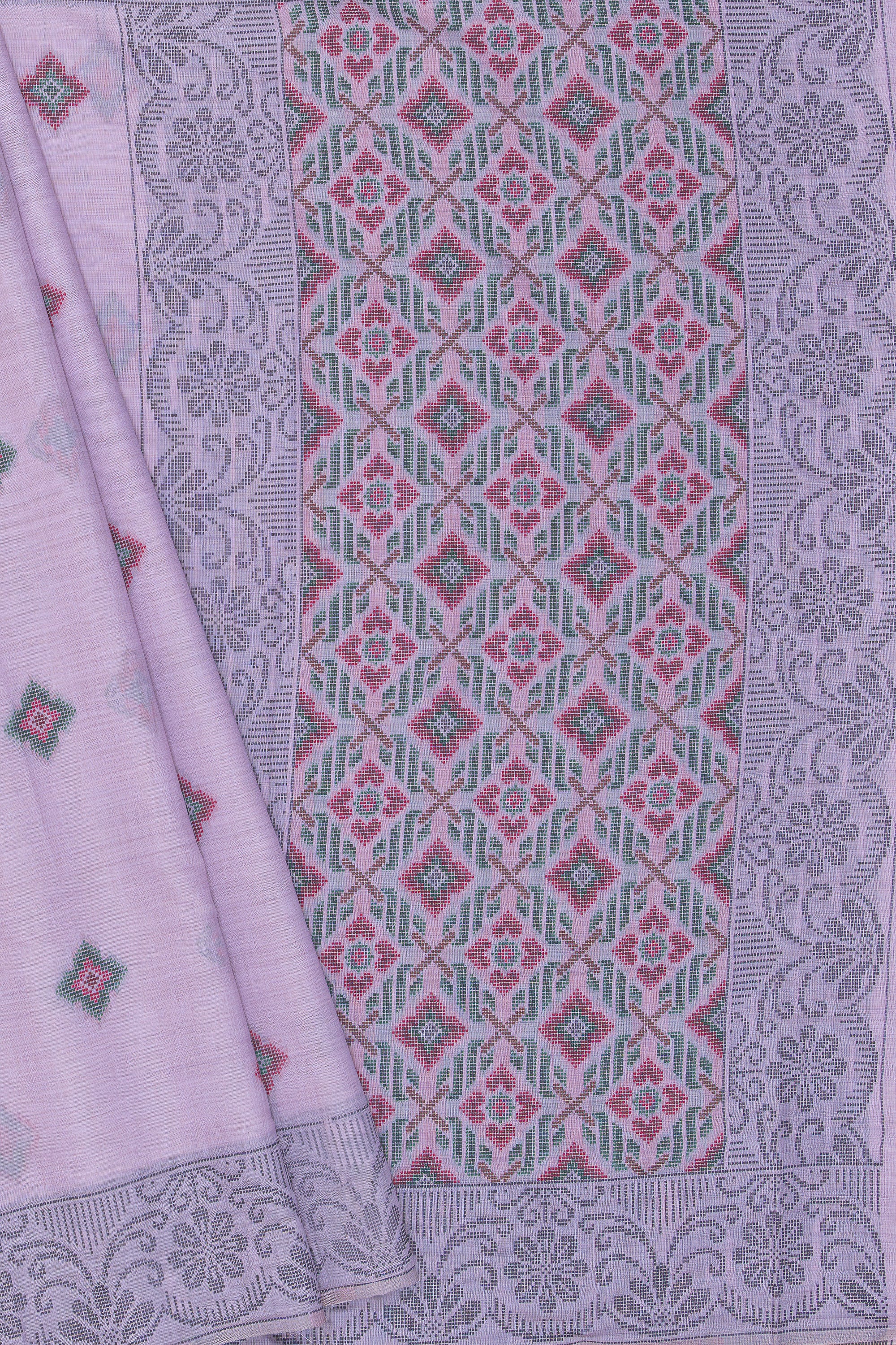 Lavender Cotton Saree with Geometric Hīraka butti and Pallu