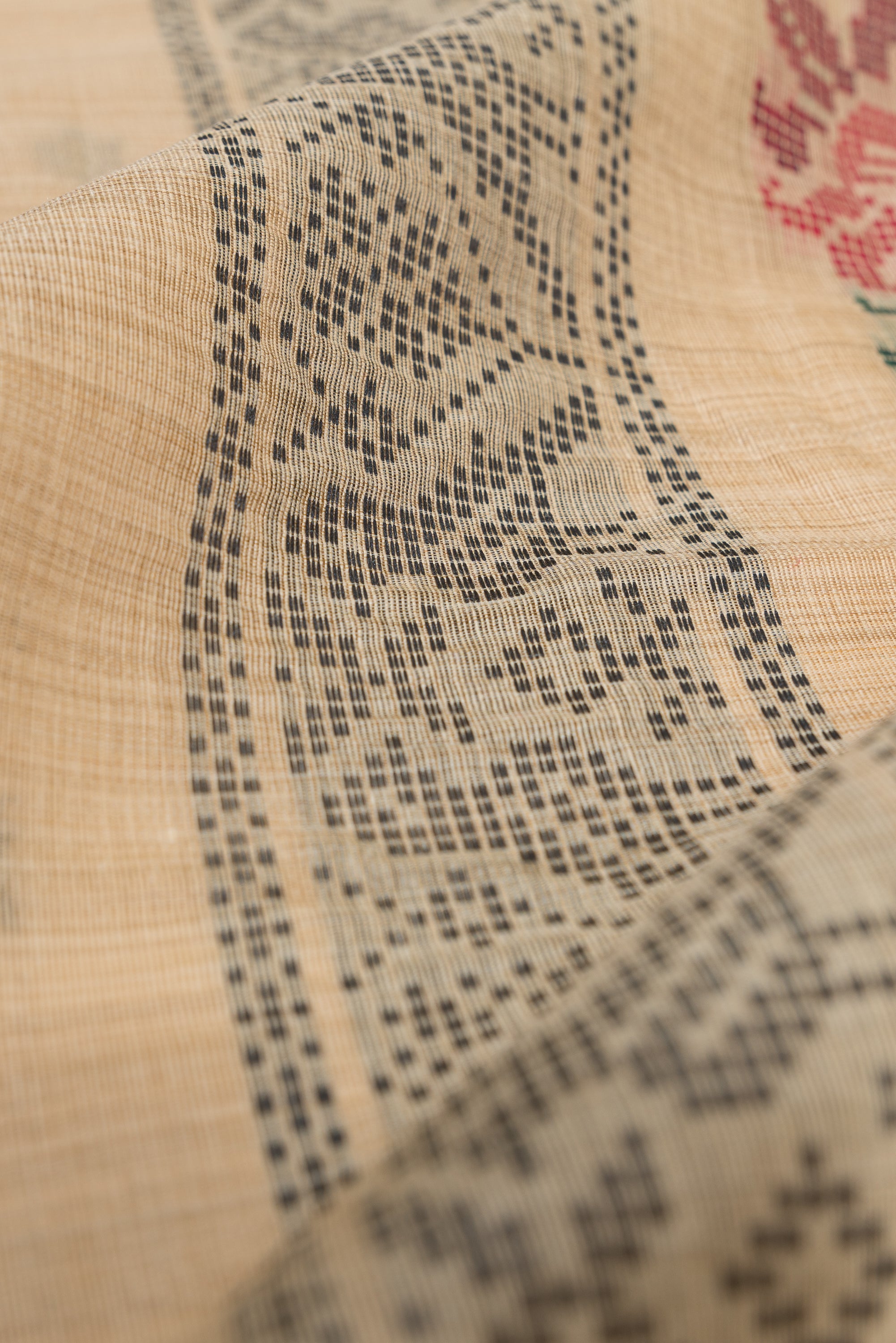 Earthy Brown Cotton Saree with Geometric Mor butti and Geometric Parrot Pallu