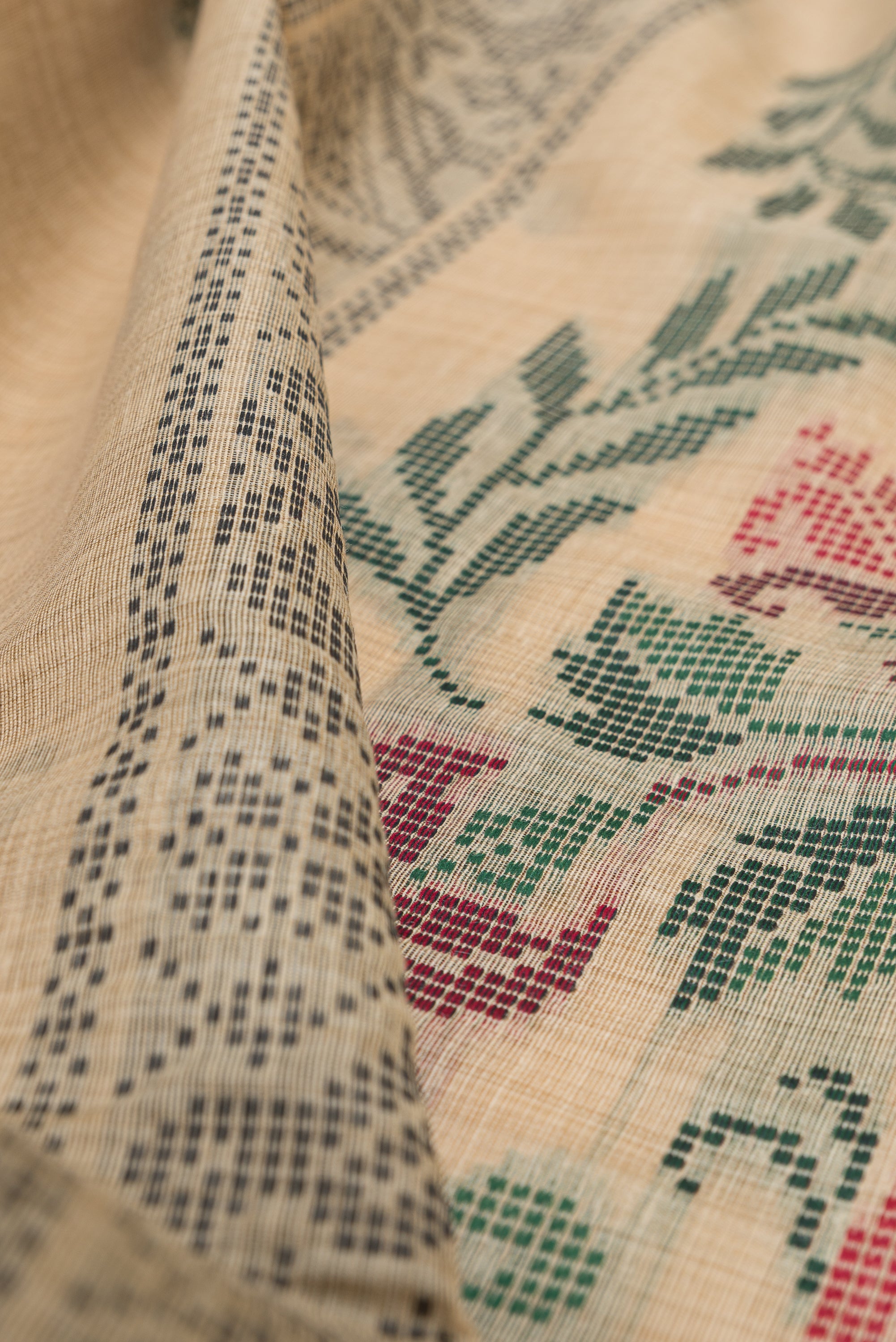Earthy Brown Cotton Saree with Geometric Mor butti and Geometric Parrot Pallu