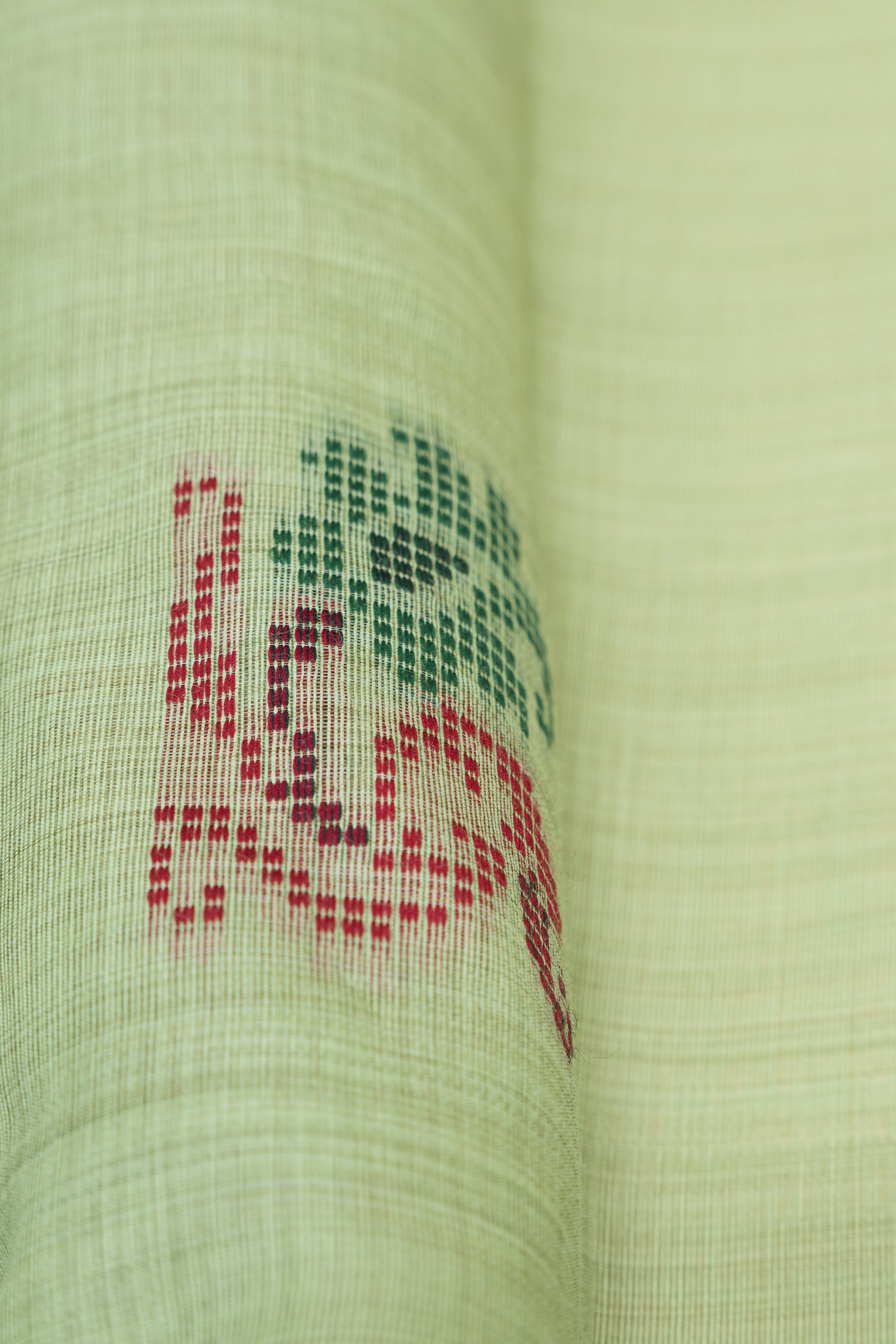 Pastel Green Cotton Saree with Geometric Mor butti and Geometric Parrot Pallu