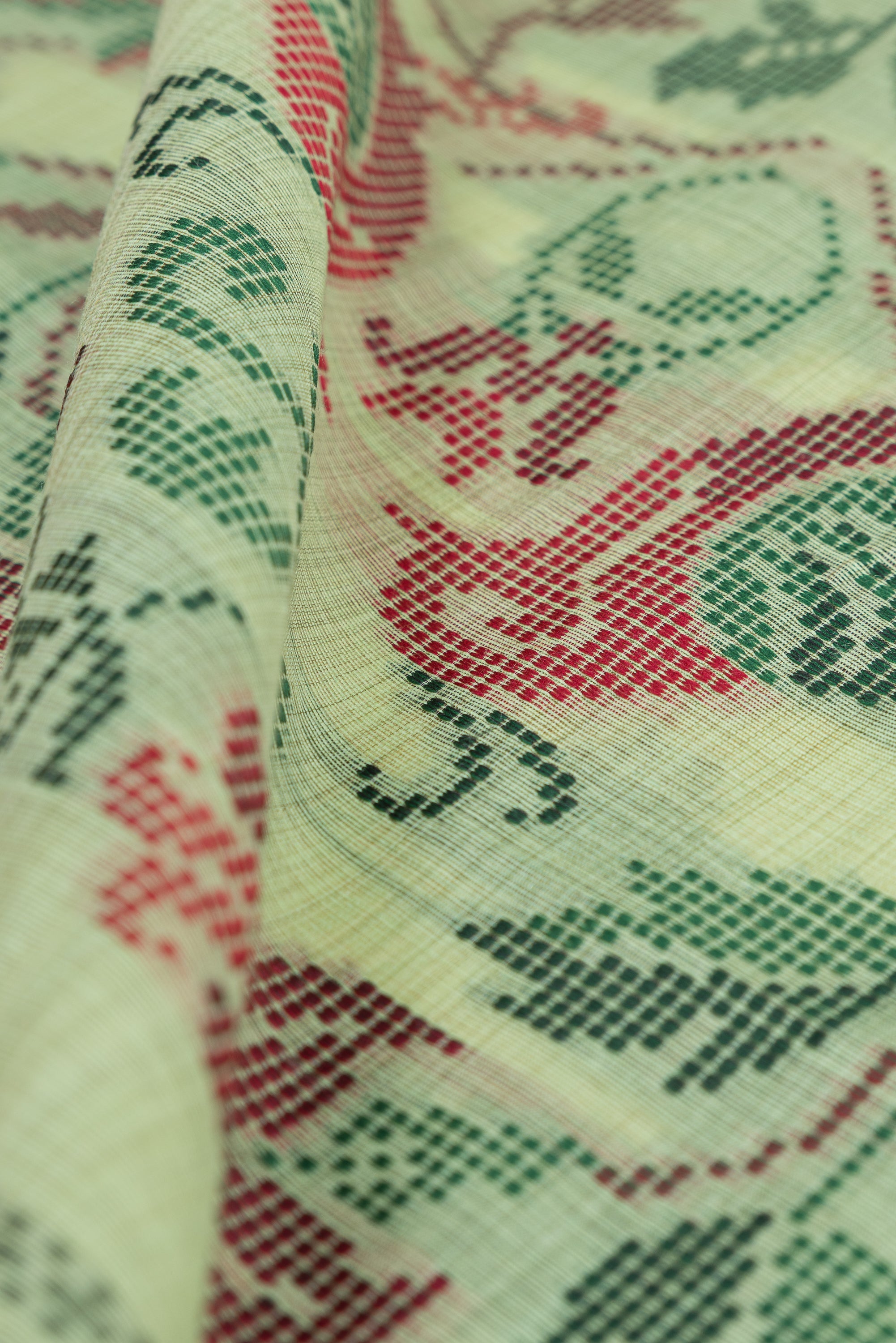 Pastel Green Cotton Saree with Geometric Mor butti and Geometric Parrot Pallu