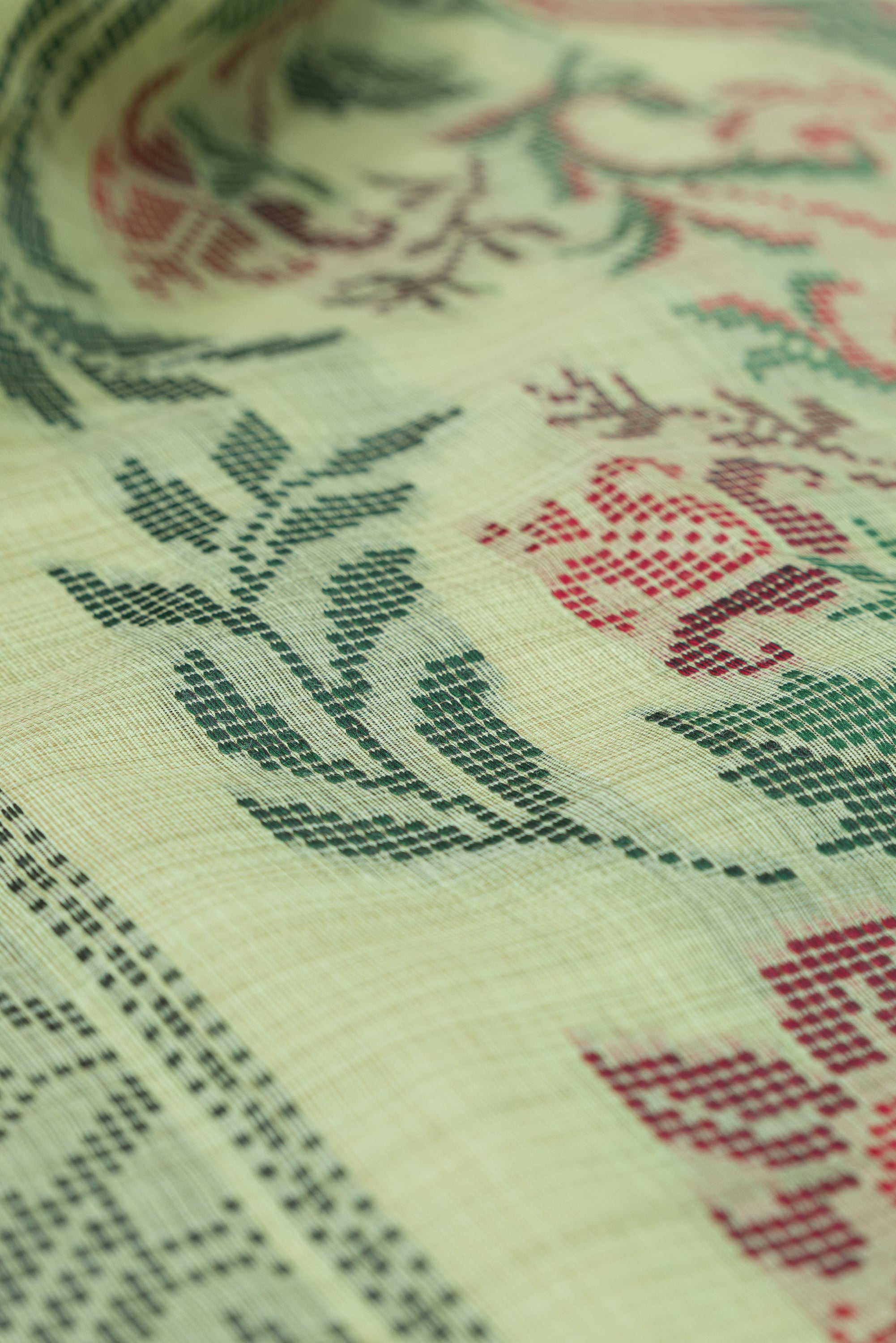 Pastel Green Cotton Saree with Geometric Mor butti and Geometric Parrot Pallu