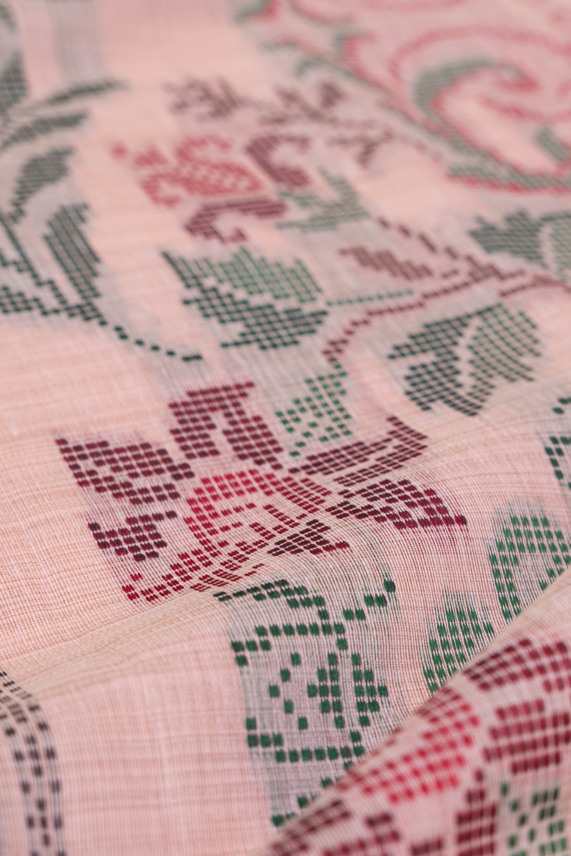 Pastel Rose Cotton Saree with Geometric Mor butti and Geometric Parrot Pallu
