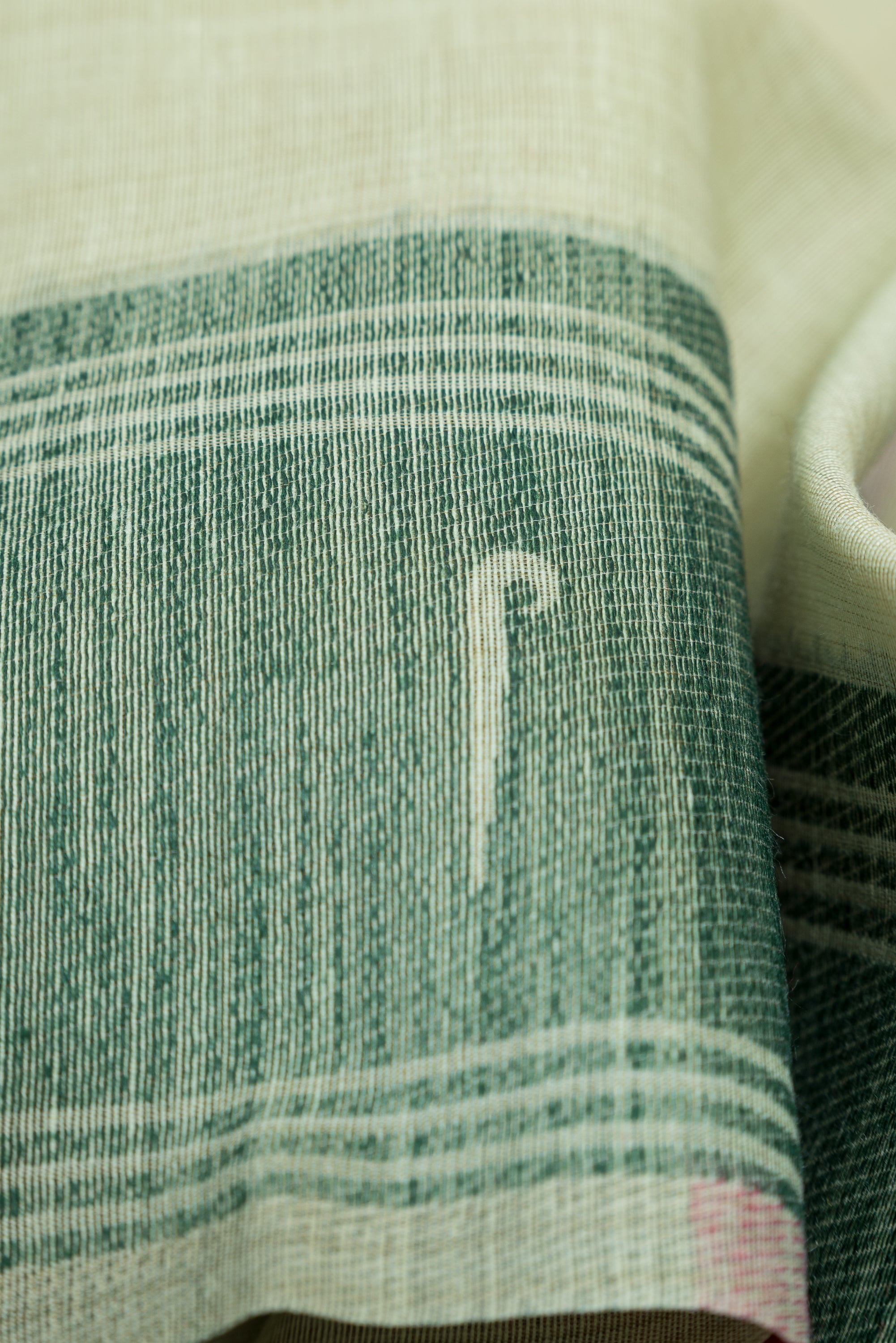 Pastel Green Cotton Paithani Saree with Mṛgataru-Padmāvalī Pallu and contrast Forest Munya border