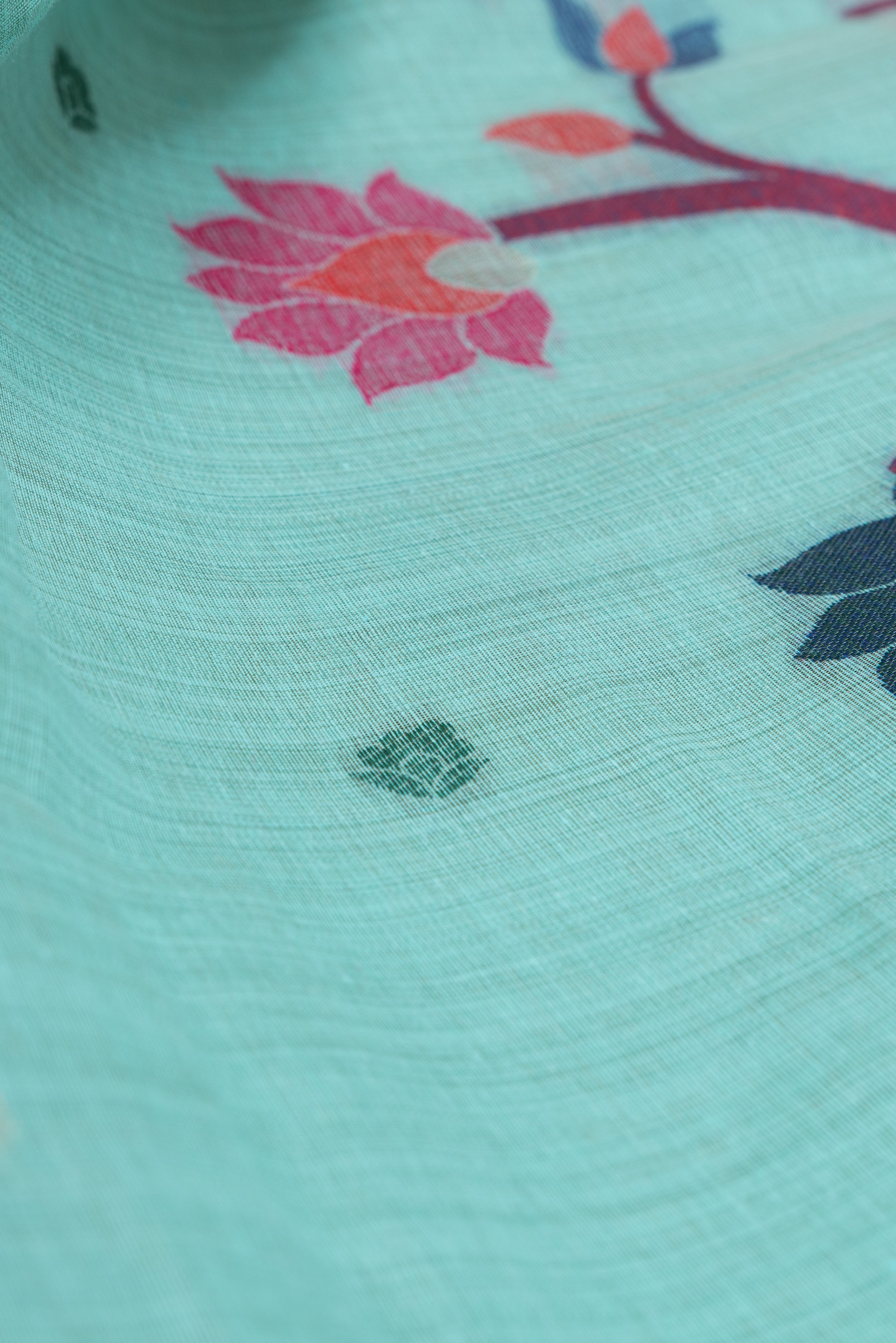 Sea Green Cotton Paithani Saree with Mṛgataru-Padmāvalī Pallu and contrast Forest Munya border