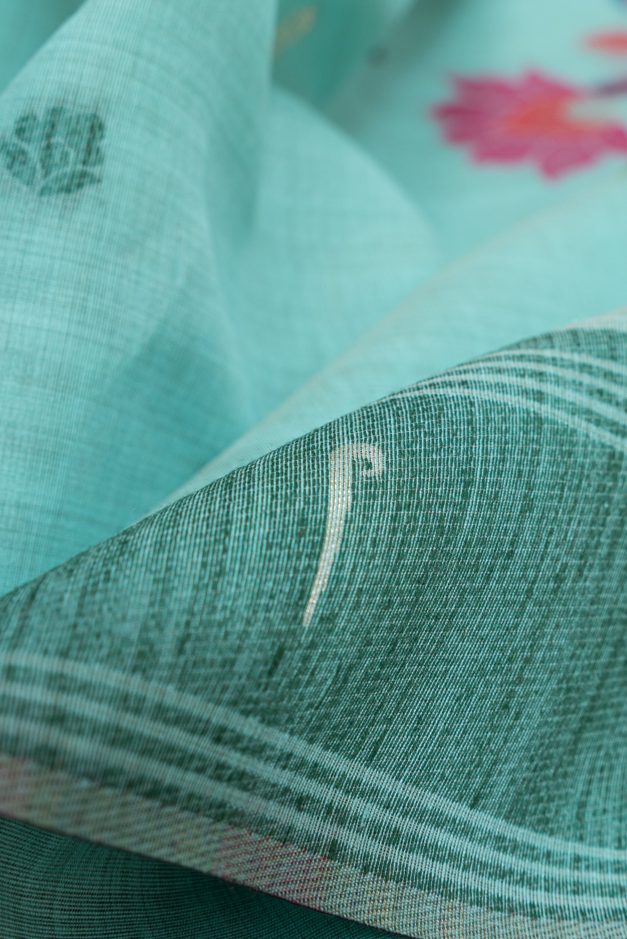 Sea Green Cotton Paithani Saree with Mṛgataru-Padmāvalī Pallu and contrast Forest Munya border