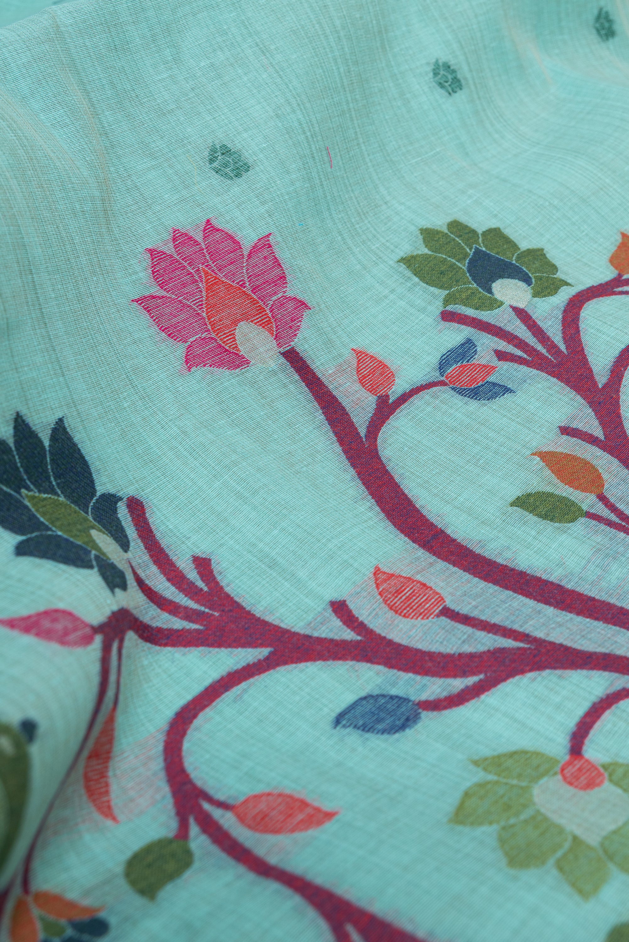 Sea Green Cotton Paithani Saree with Mṛgataru-Padmāvalī Pallu and contrast Forest Munya border