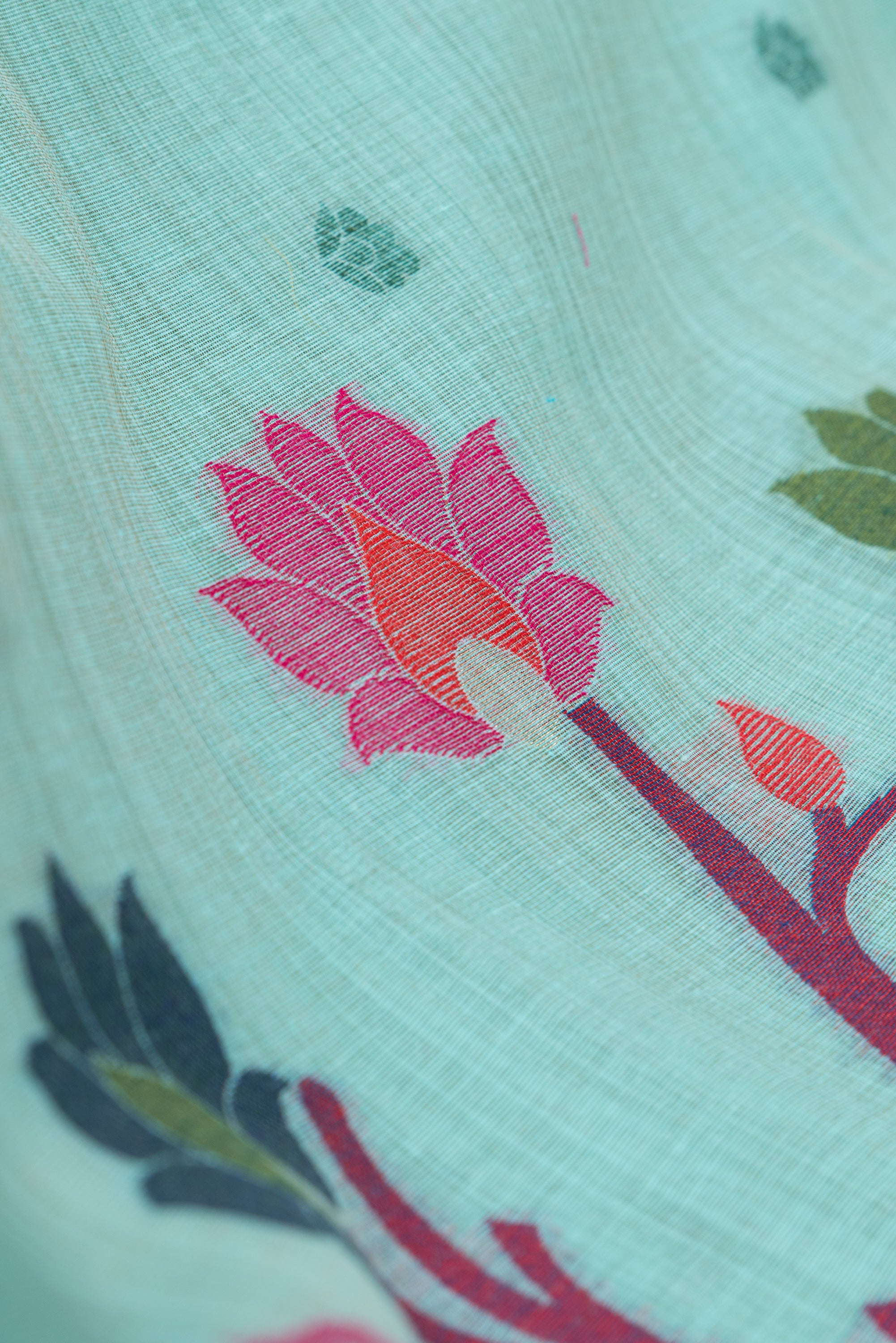 Sea Green Cotton Paithani Saree with Mṛgataru-Padmāvalī Pallu and contrast Forest Munya border