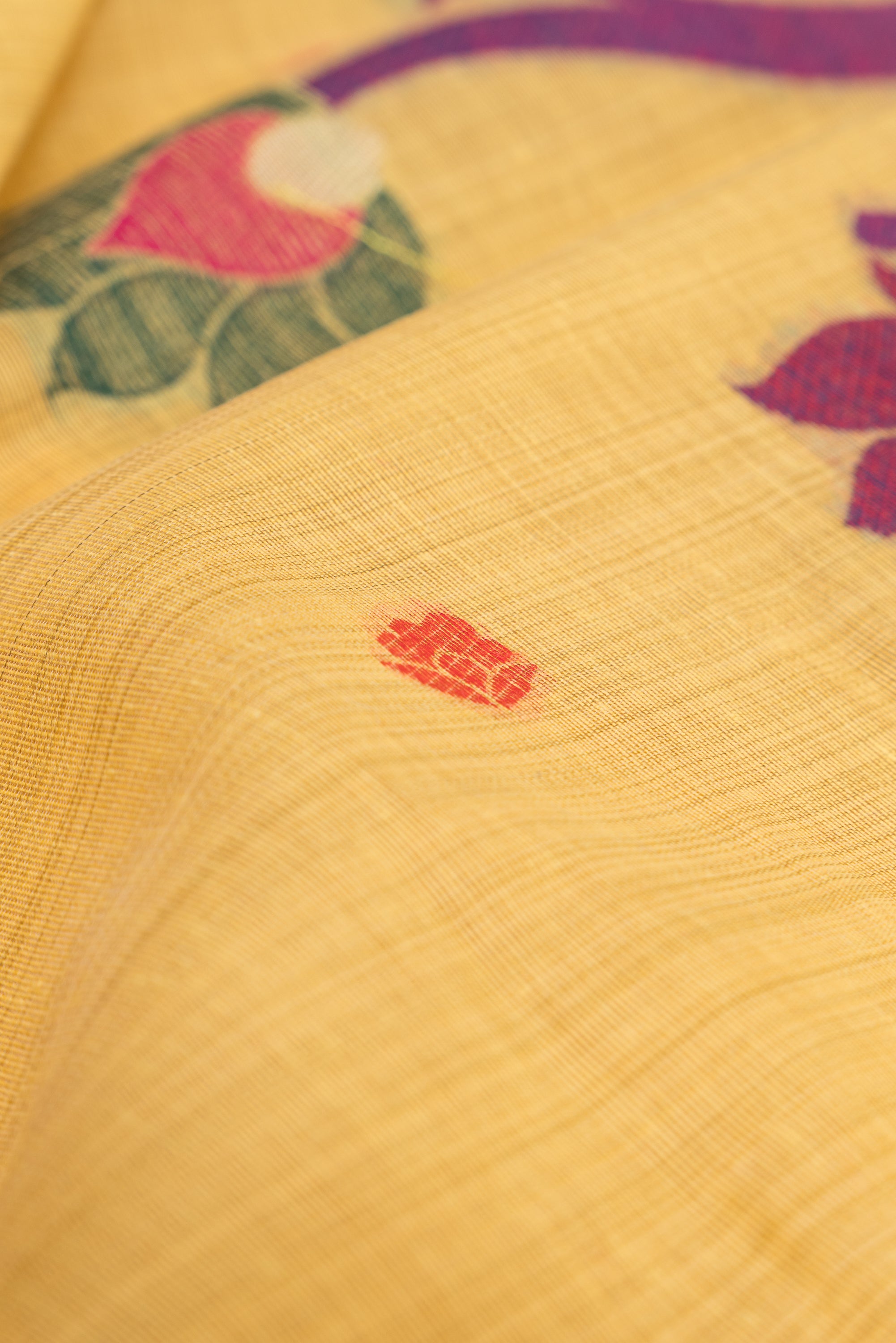 Haldi Yellow Cotton Paithani Saree with Mṛgataru-Padmāvalī Pallu and contrast Forest Munya border