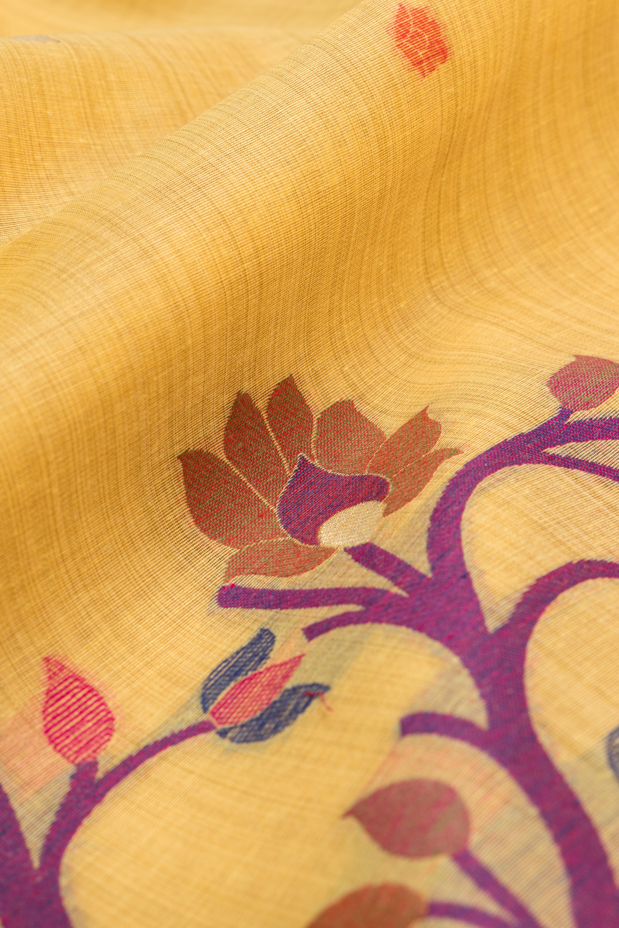 Haldi Yellow Cotton Paithani Saree with Mṛgataru-Padmāvalī Pallu and contrast Forest Munya border