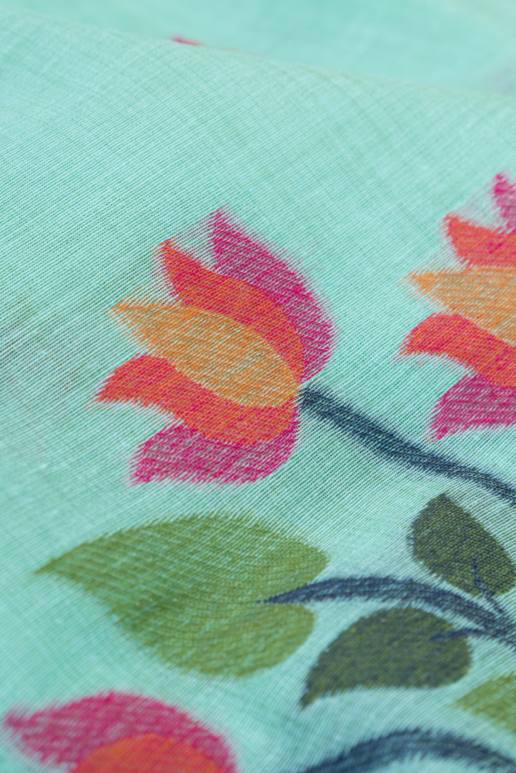 Sea Green Cotton Saree with Padma Pallu and Resham threadwork butti