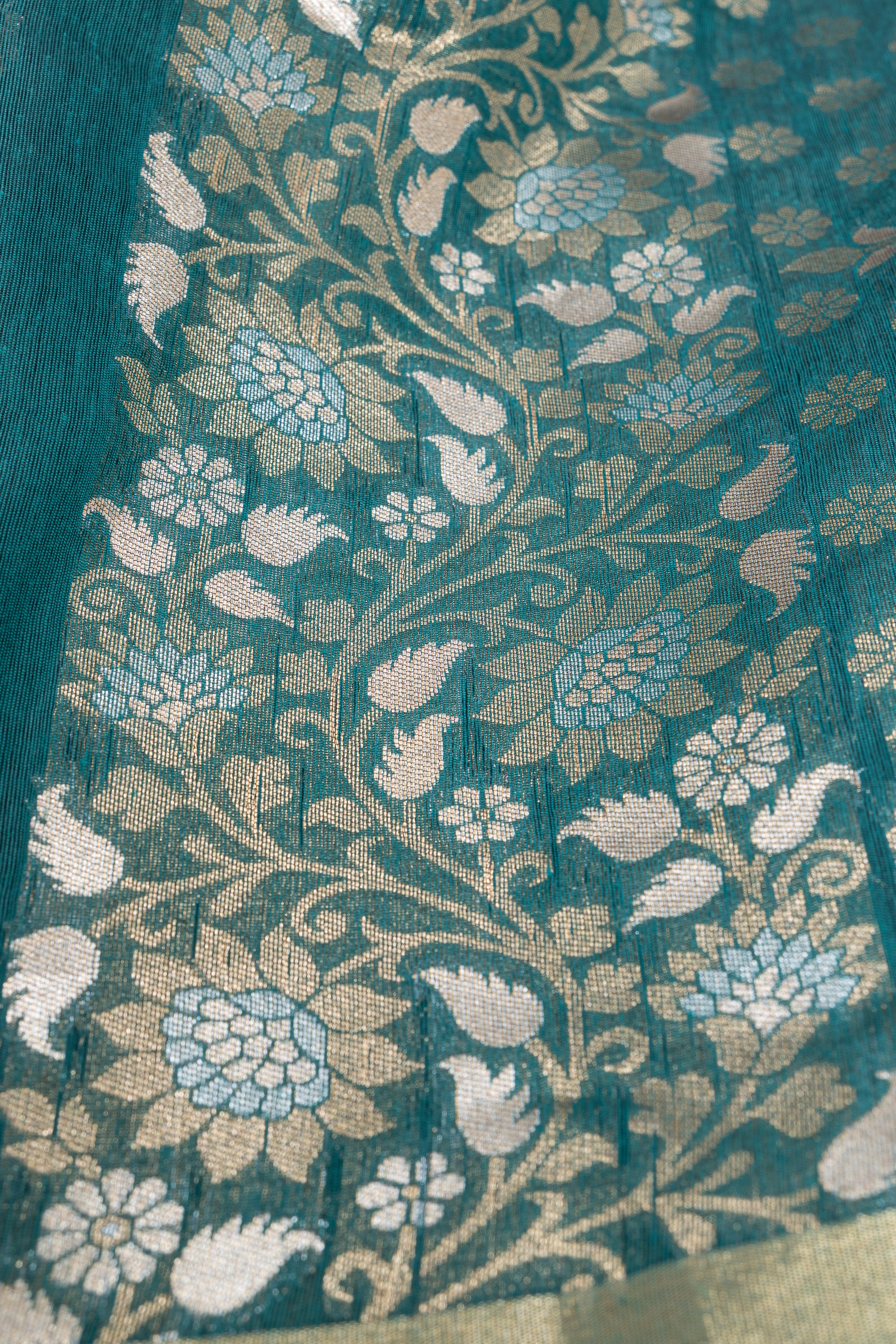 Peacock Green Jamdhani Cotton Paithani Saree with Resham stripes, Zari butti and Sequins work