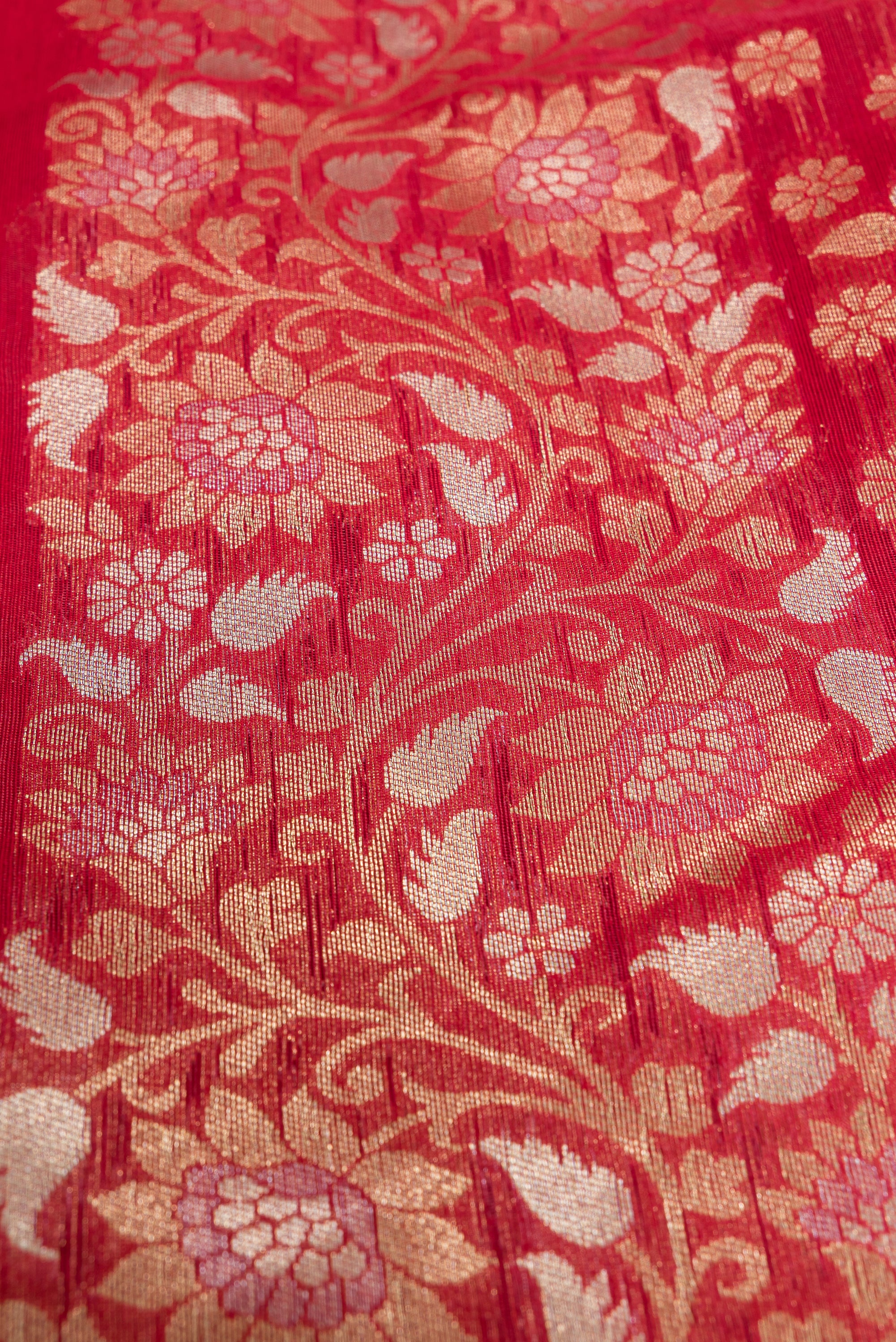 Ruby Red Jamdhani Cotton Paithani Saree with Resham stripes, Zari butti and Sequins work