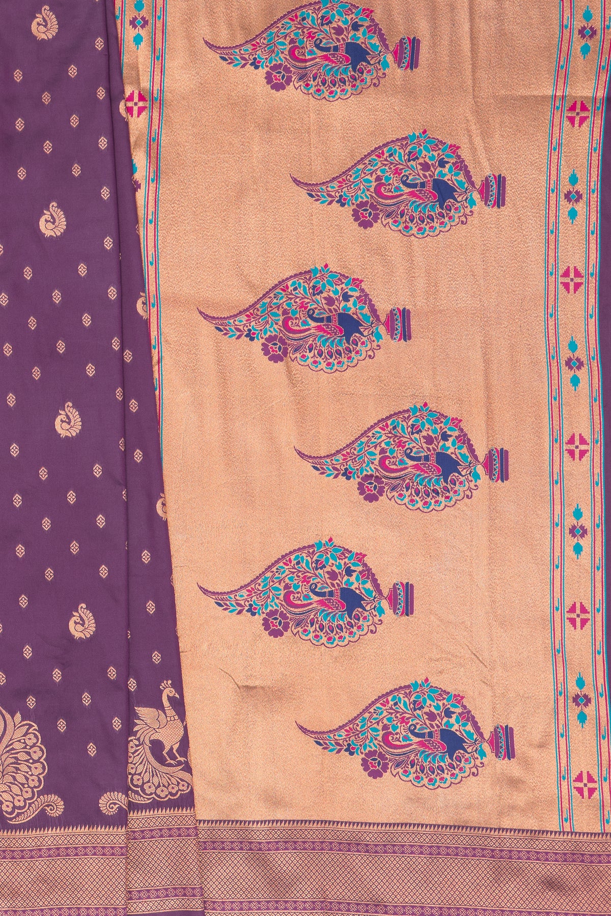 Plum Purple Apurva Silk Paithani Saree with Meena butti, gold zari and Ṣaṭmayūrapallu