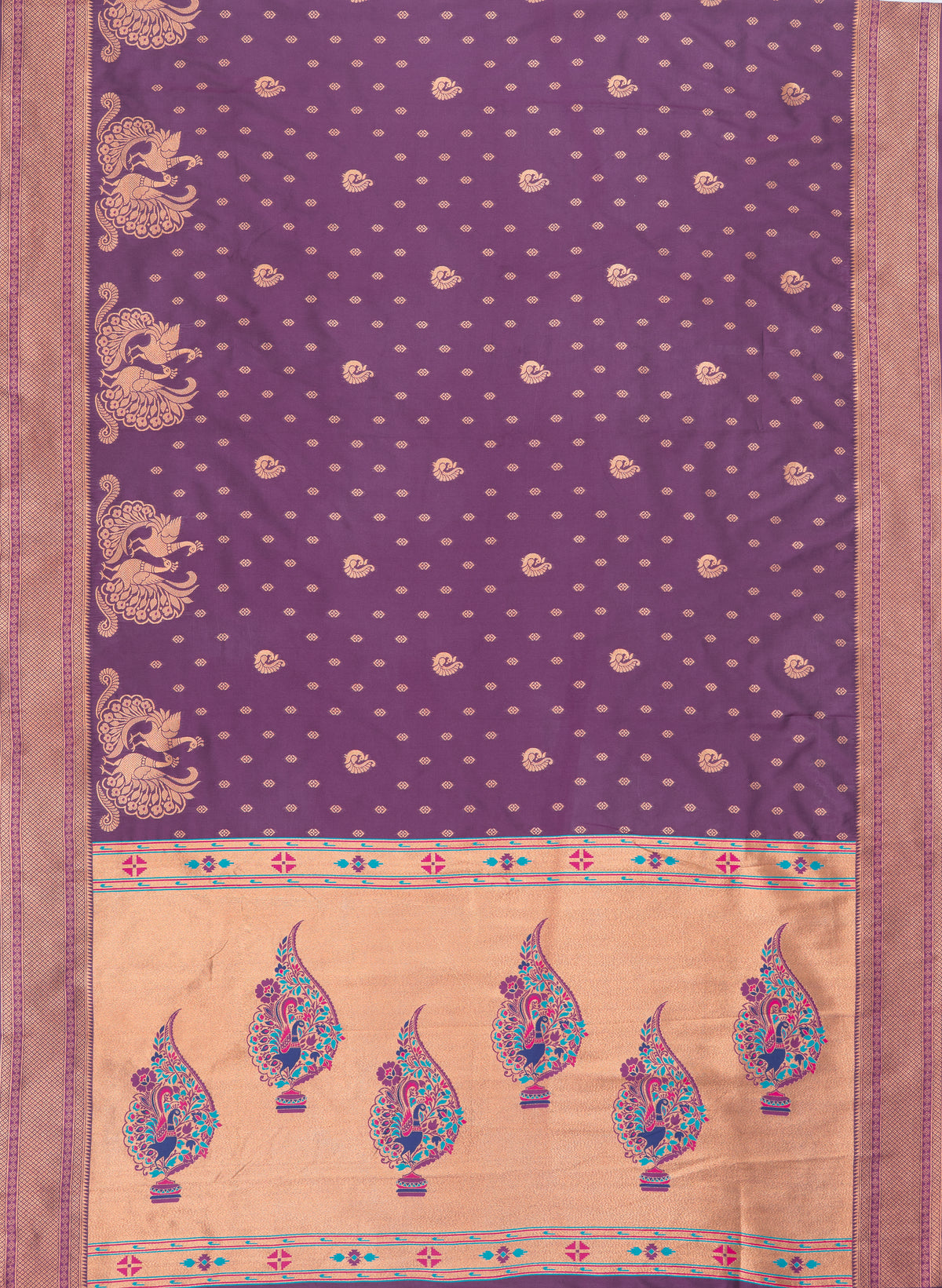 Plum Purple Apurva Silk Paithani Saree with Meena butti, gold zari and Ṣaṭmayūrapallu