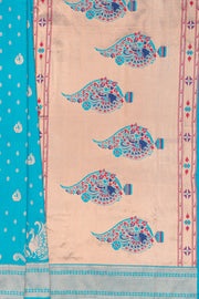 Ferozi Blue Apurva Silk Paithani Saree with Meena butti, gold zari and Ṣaṭmayūrapallu
