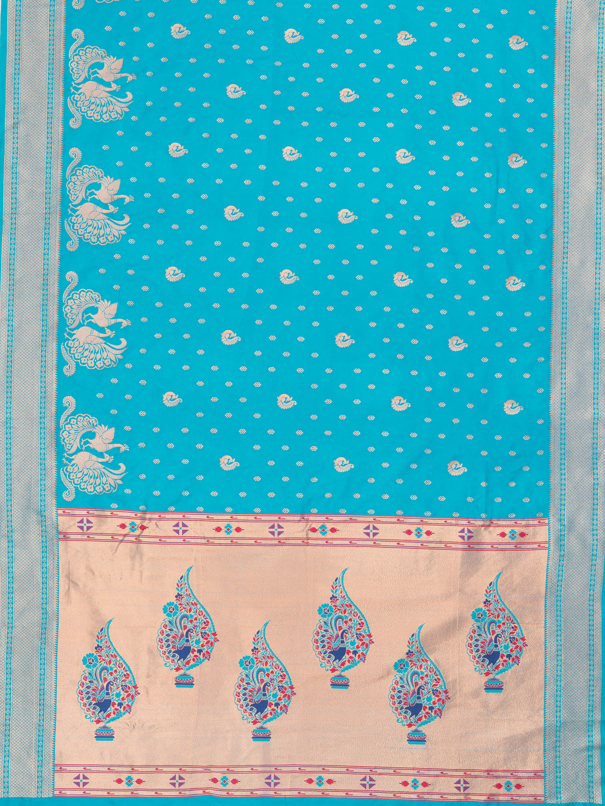 Ferozi Blue Apurva Silk Paithani Saree with Meena butti, gold zari and Ṣaṭmayūrapallu