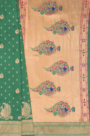 Emerald Green Apurva Silk Paithani Saree with Meena butti, gold zari and Ṣaṭmayūrapallu