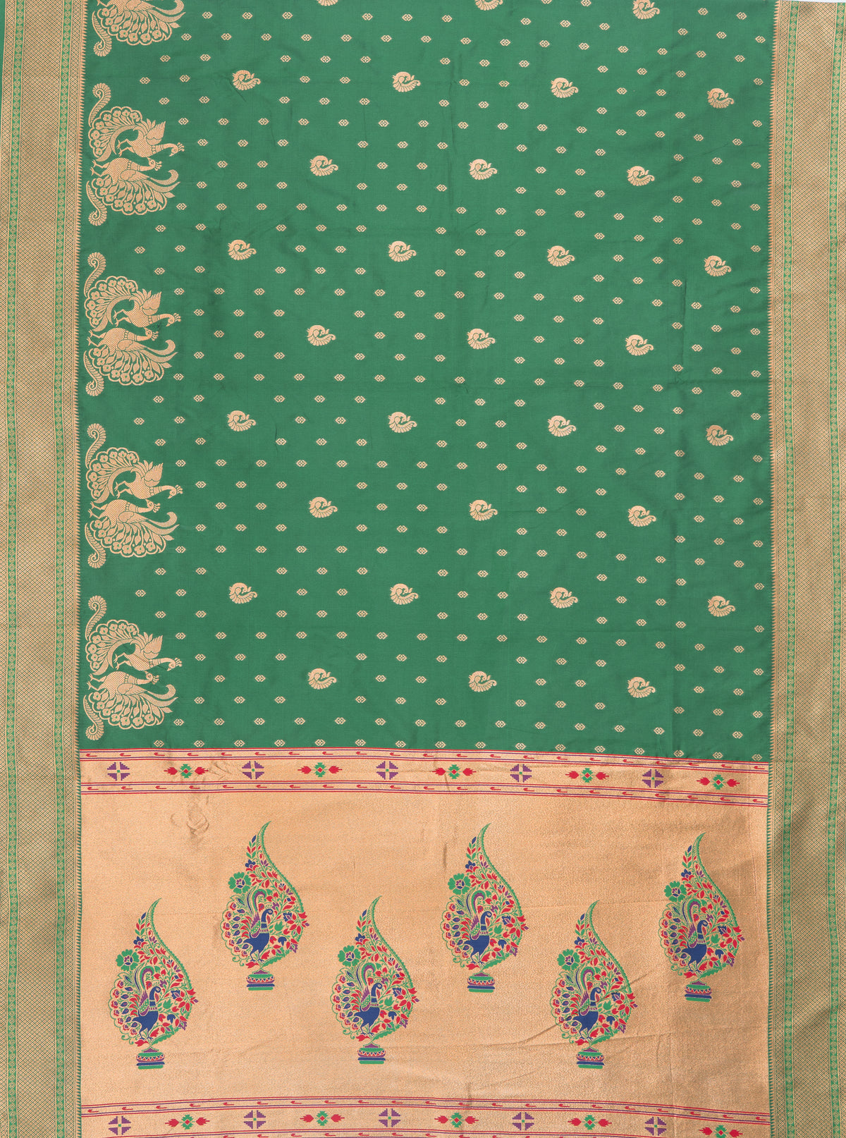 Emerald Green Apurva Silk Paithani Saree with Meena butti, gold zari and Ṣaṭmayūrapallu