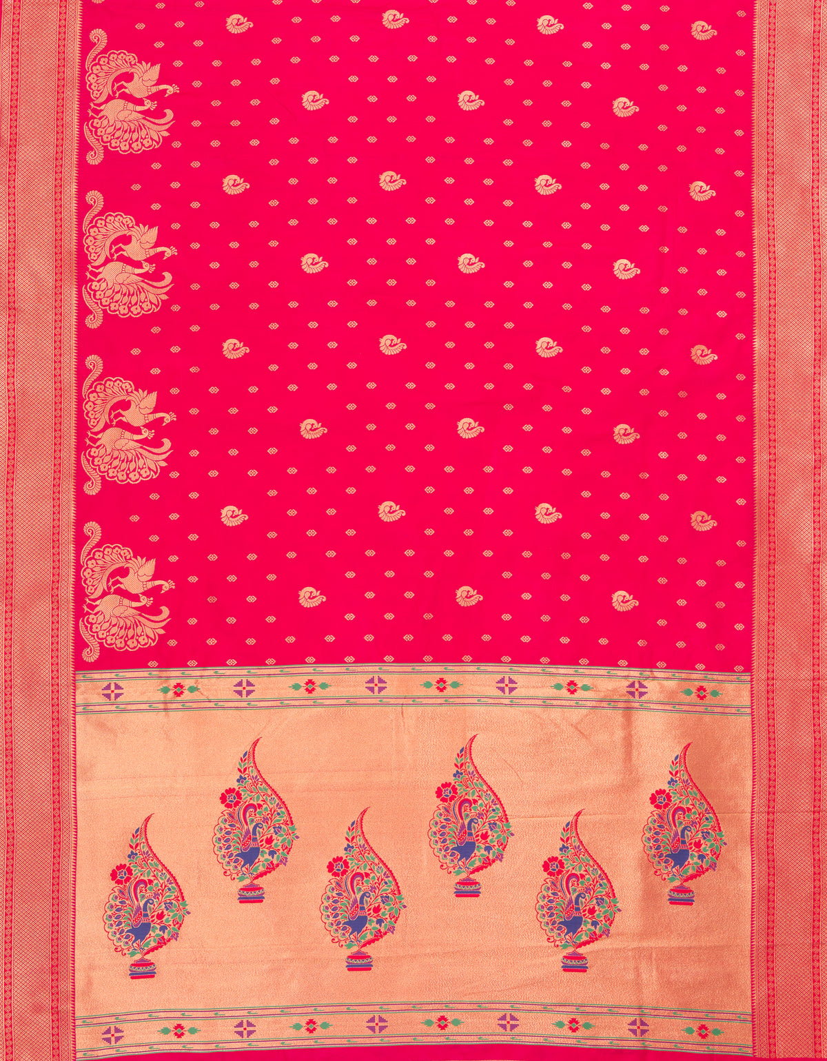 Ruby Red Apurva Silk Paithani Saree with Meena butti, gold zari and Ṣaṭmayūrapallu