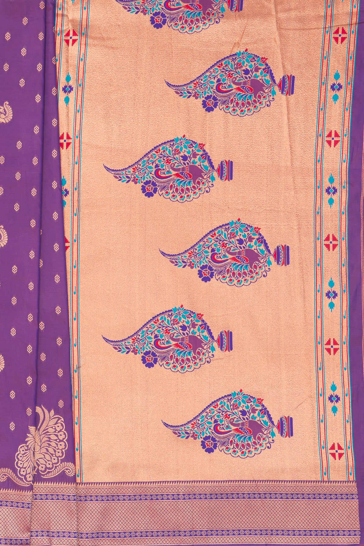 Wine Apurva Silk Paithani Saree with Meena butti, gold zari and Ṣaṭmayūrapallu