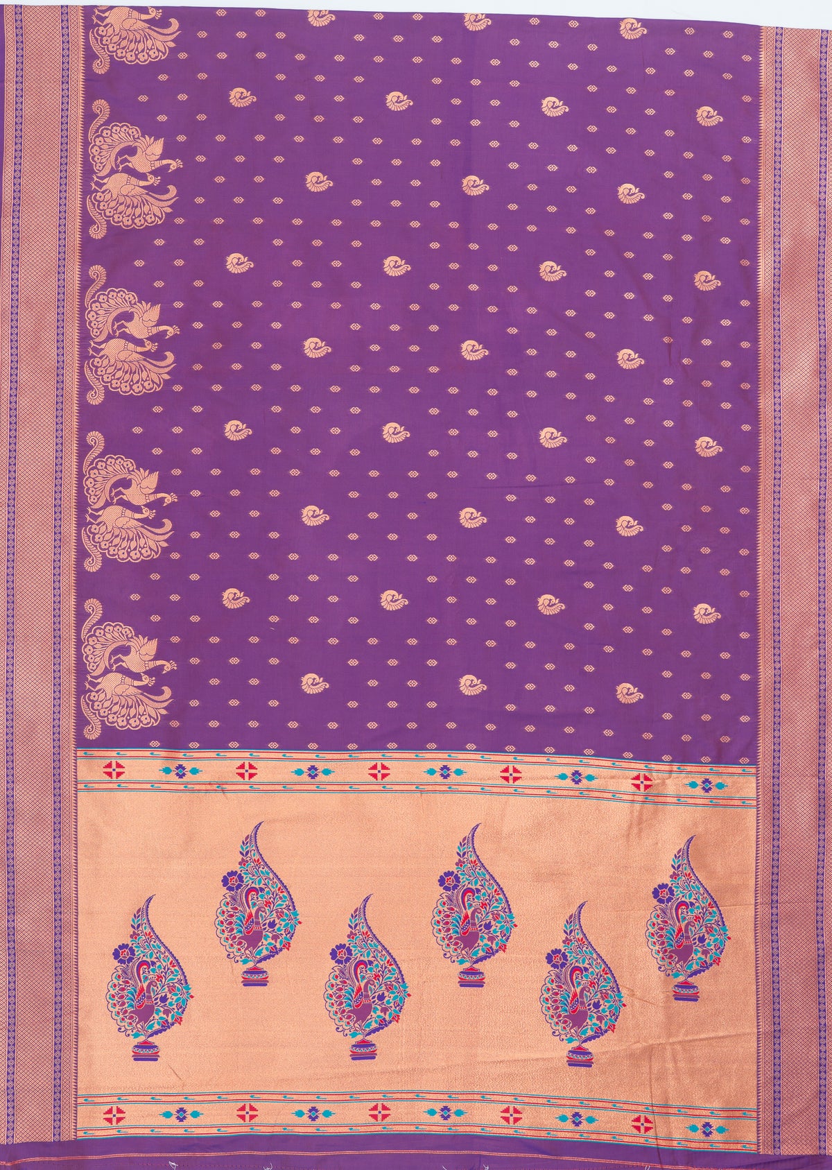 Wine Apurva Silk Paithani Saree with Meena butti, gold zari and Ṣaṭmayūrapallu