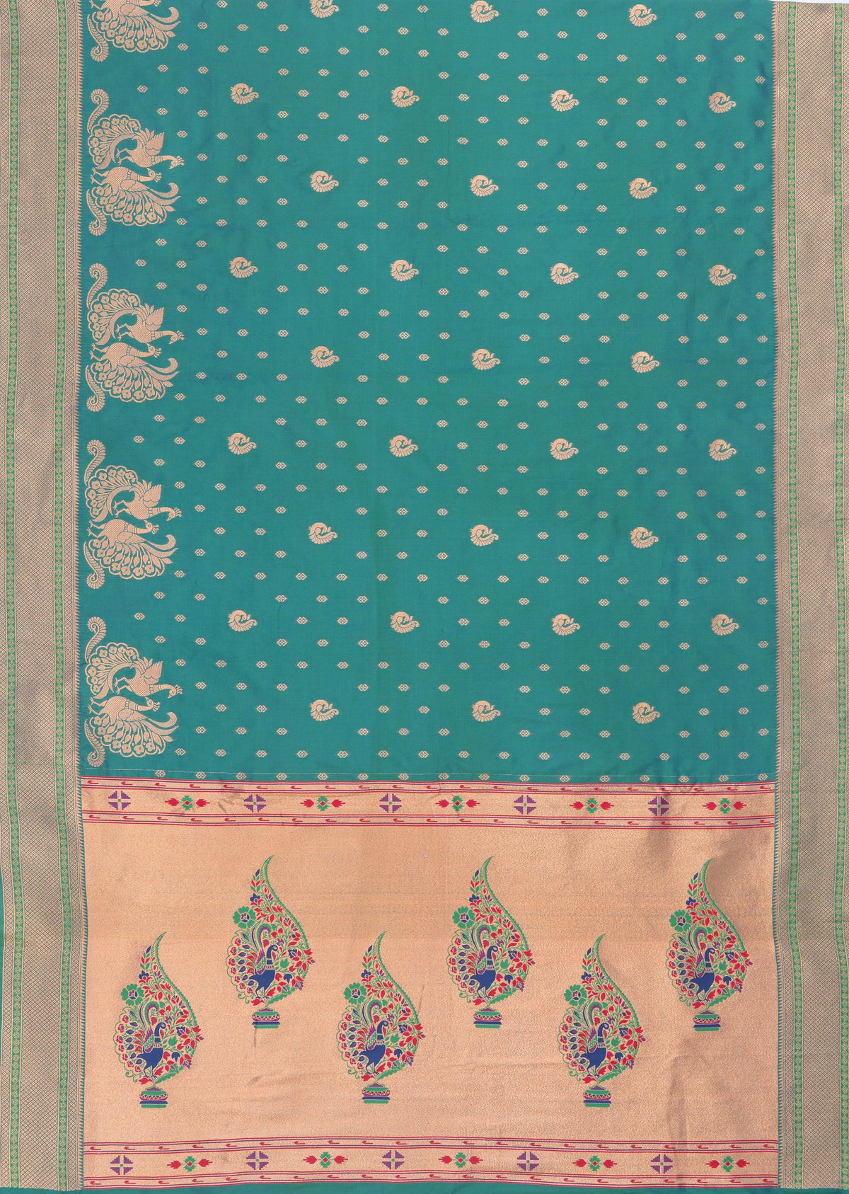 Peacock Green Apurva Silk Paithani Saree with Meena butti, gold zari and Ṣaṭmayūrapallu