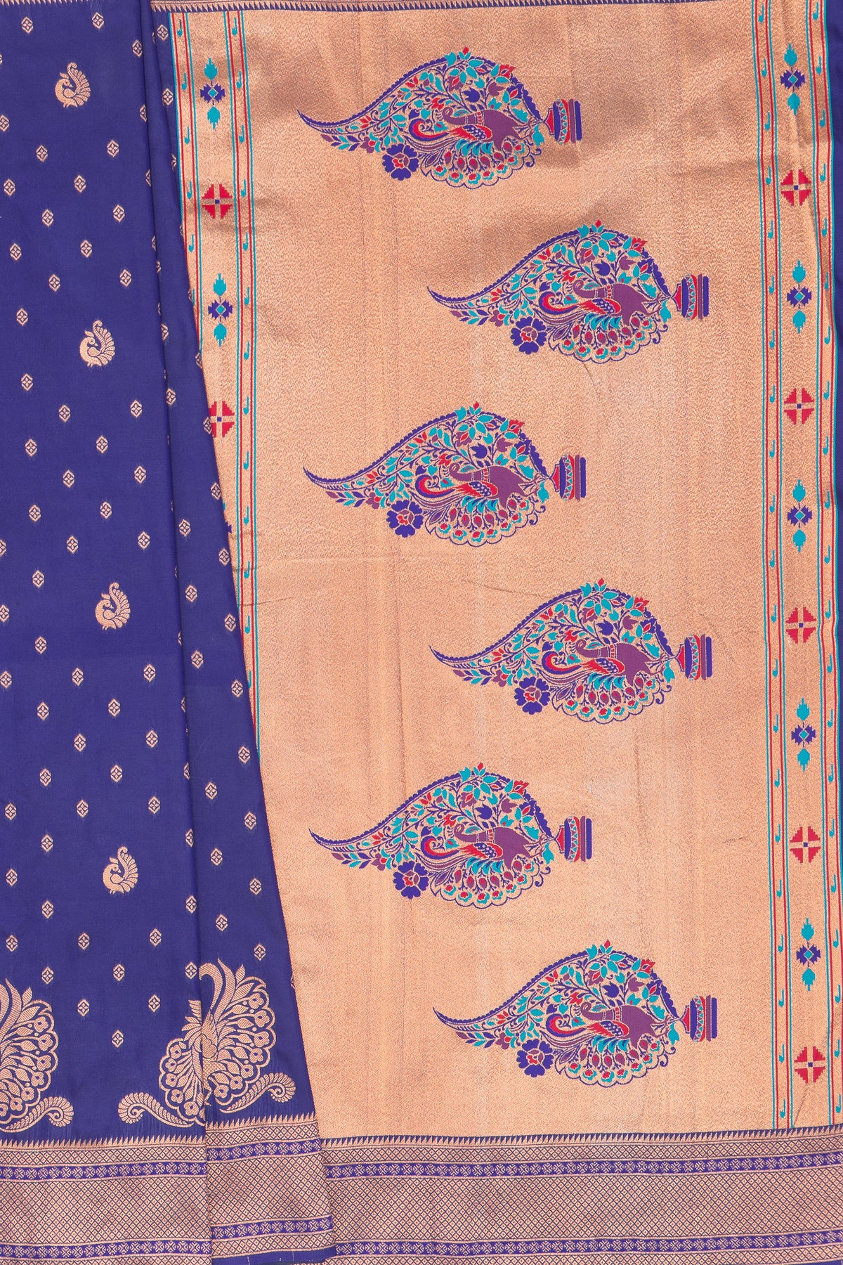 Royal Purple Apurva Silk Paithani Saree with Meena butti, gold zari and Ṣaṭmayūrapallu