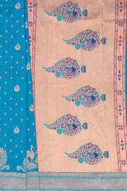 Chintamani Blue Apurva Silk Paithani Saree with Meena butti, gold zari and Ṣaṭmayūrapallu