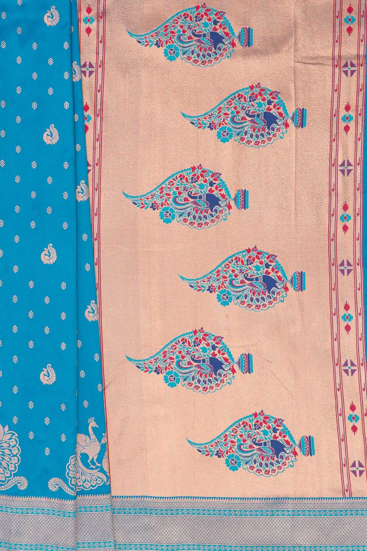 Chintamani Blue Apurva Silk Paithani Saree with Meena butti, gold zari and Ṣaṭmayūrapallu