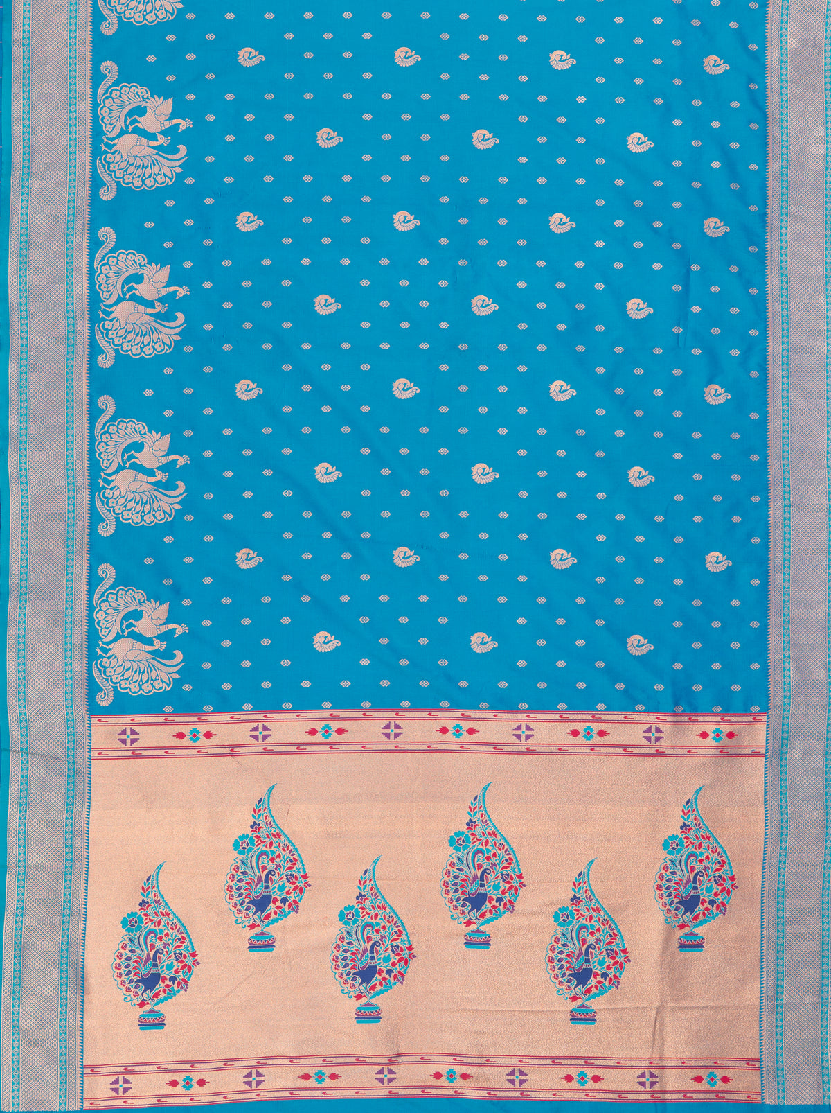 Chintamani Blue Apurva Silk Paithani Saree with Meena butti, gold zari and Ṣaṭmayūrapallu