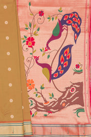 Mehndi Gold Katan Silk Paithani Saree with Meena butti, Muniya border and Dvi-Mayūra Vrikṣa