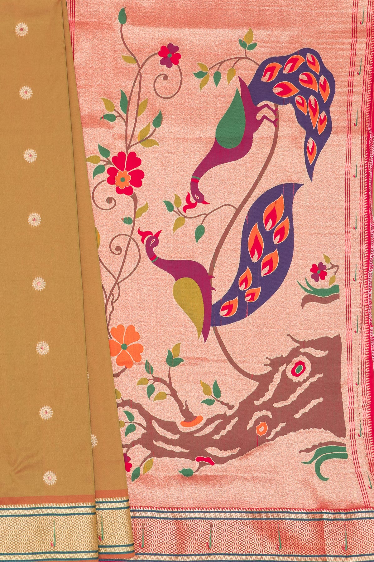 Mehndi Gold Katan Silk Paithani Saree with Meena butti, Muniya border and Dvi-Mayūra Vrikṣa
