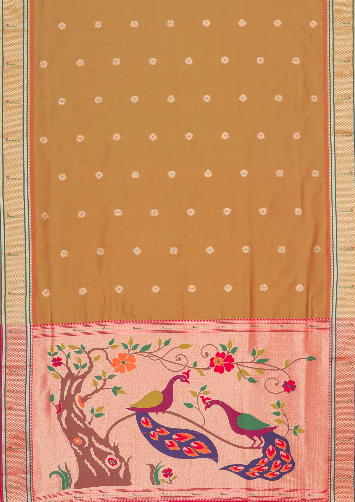 Mehndi Gold Katan Silk Paithani Saree with Meena butti, Muniya border and Dvi-Mayūra Vrikṣa