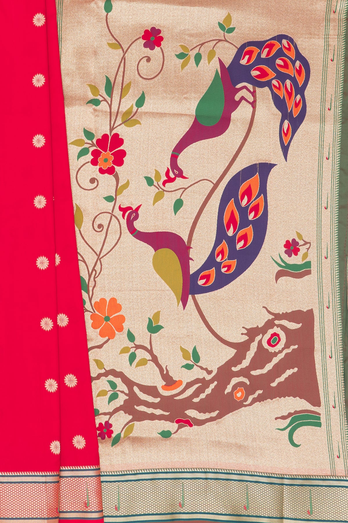 Royalty Red Katan Silk Paithani Saree with Meena butti, Muniya border and Dvi-Mayūra Vrikṣa