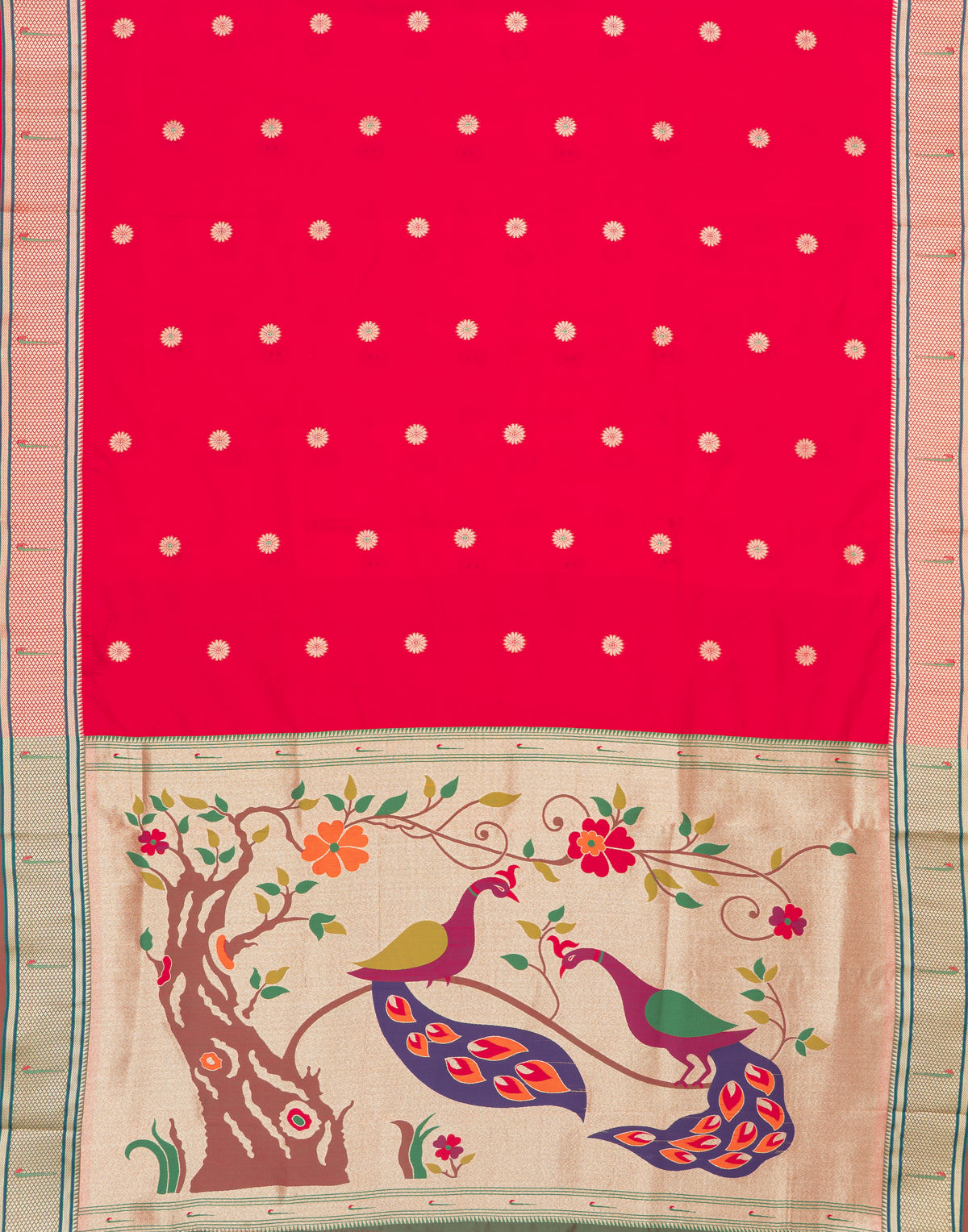 Royalty Red Katan Silk Paithani Saree with Meena butti, Muniya border and Dvi-Mayūra Vrikṣa