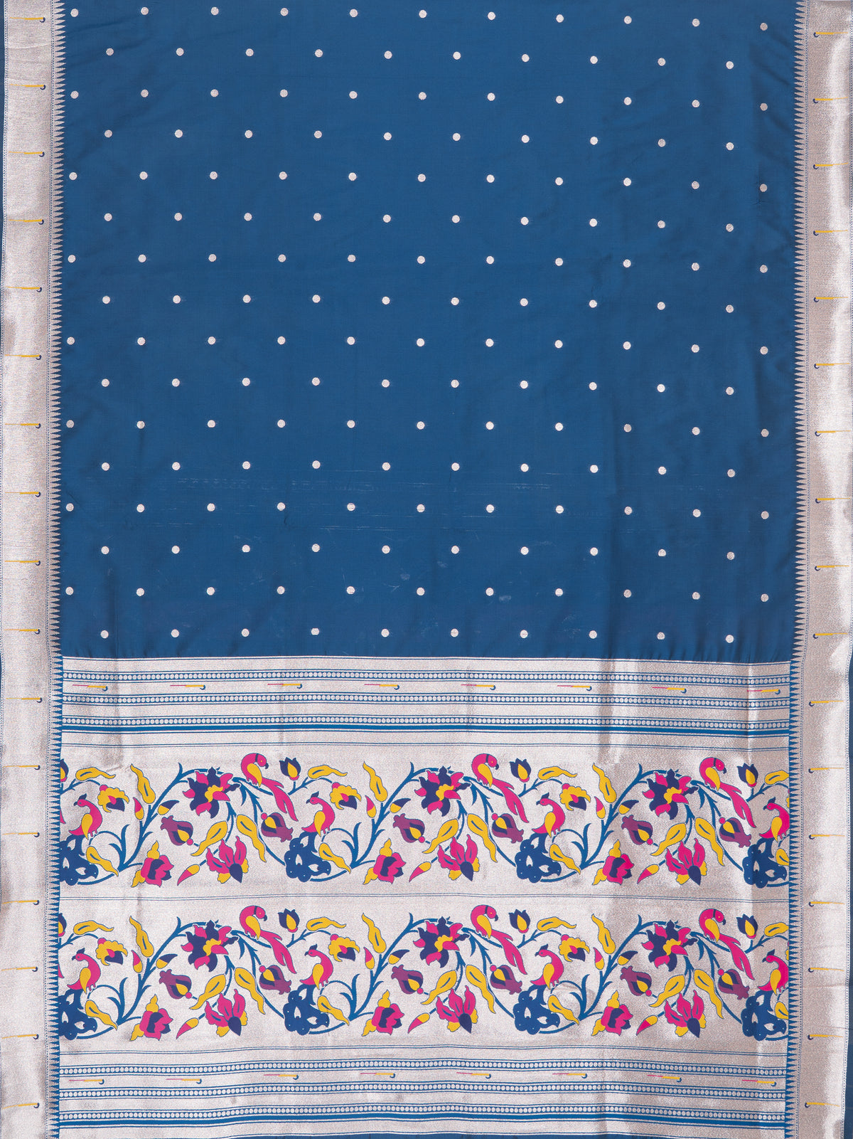 Midnight Blue Apurva Silk Paithani Saree with Round gold zari butti, Multi colour Muniya border, Multi Pallu and Brocade blouse